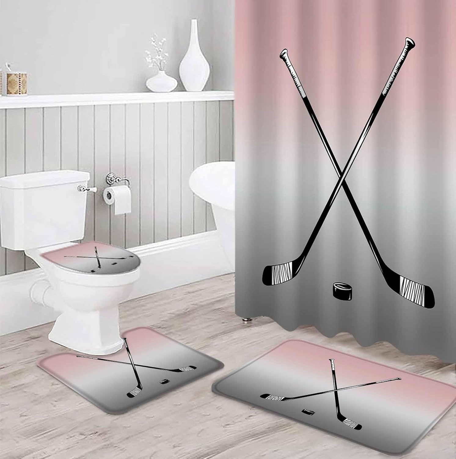 ZOE GARDEN Pink Grey Bathroom Set with Shower Curtain Rug and Accessories