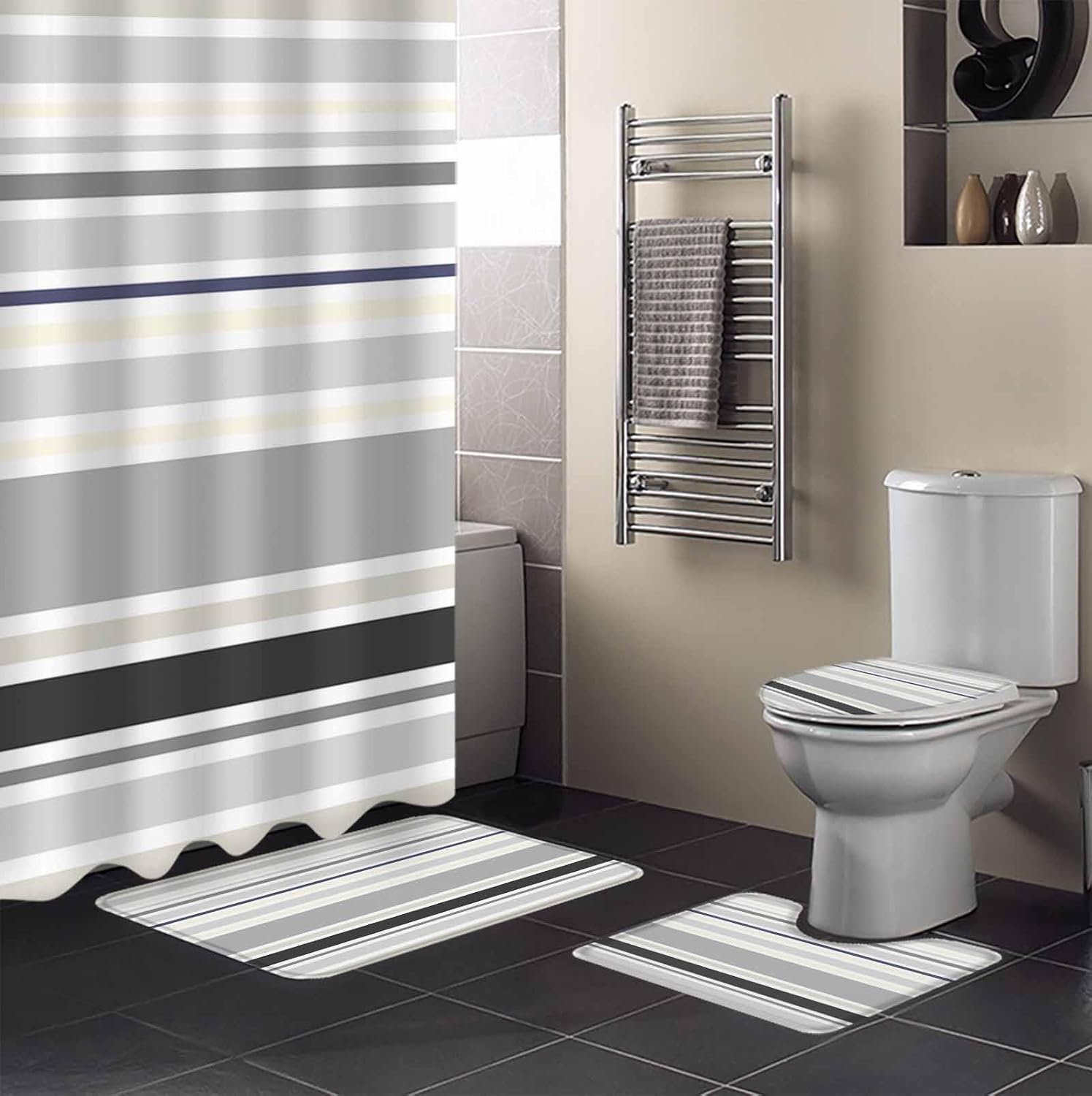 Grey Stropes Bathroom Set with Curtain Rug and Accessories