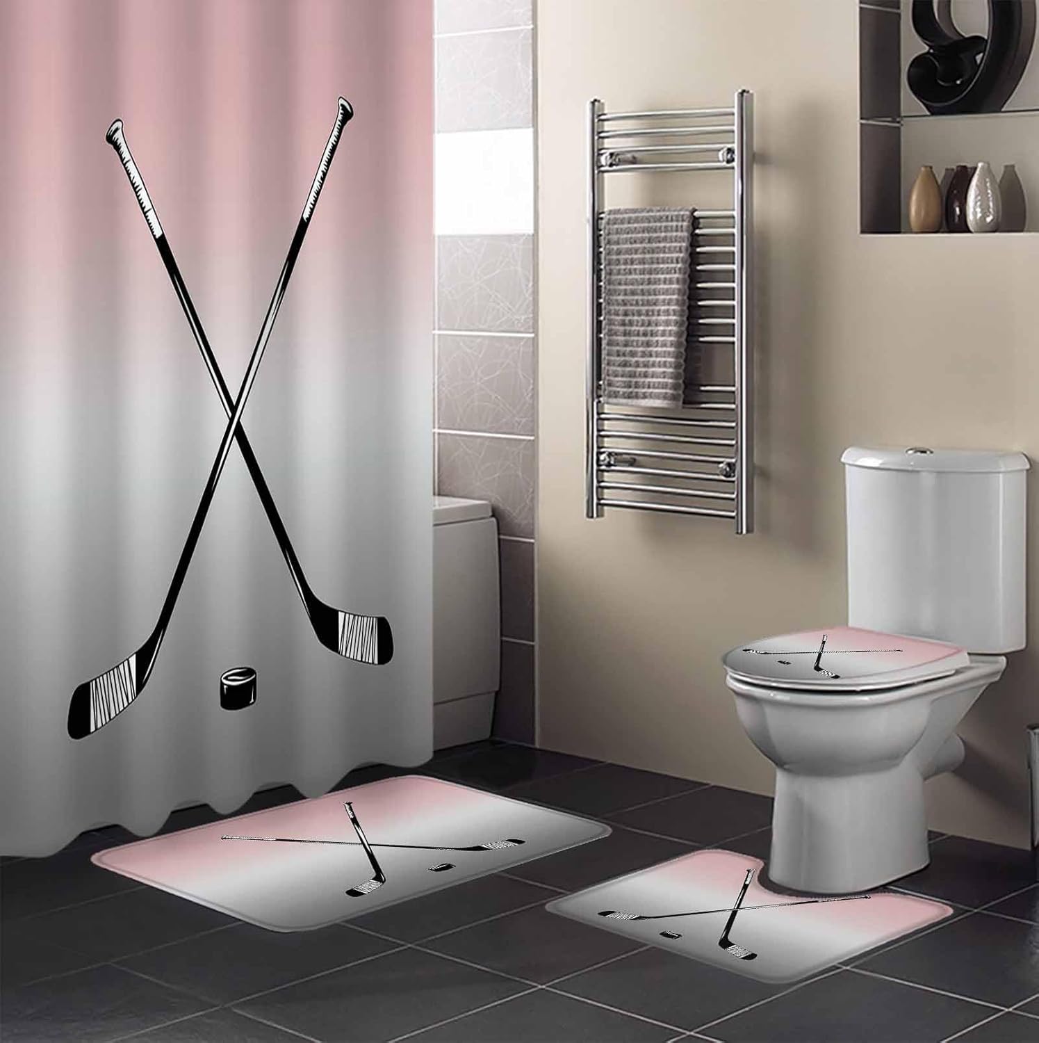 ZOE GARDEN Pink Grey Bathroom Set with Shower Curtain Rug and Accessories