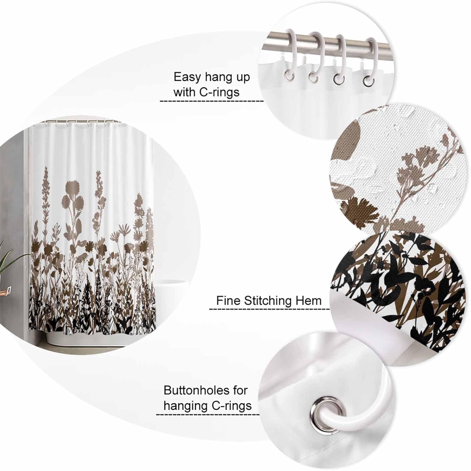 Brown Botanical Bathroom Set with Rug and Hooks