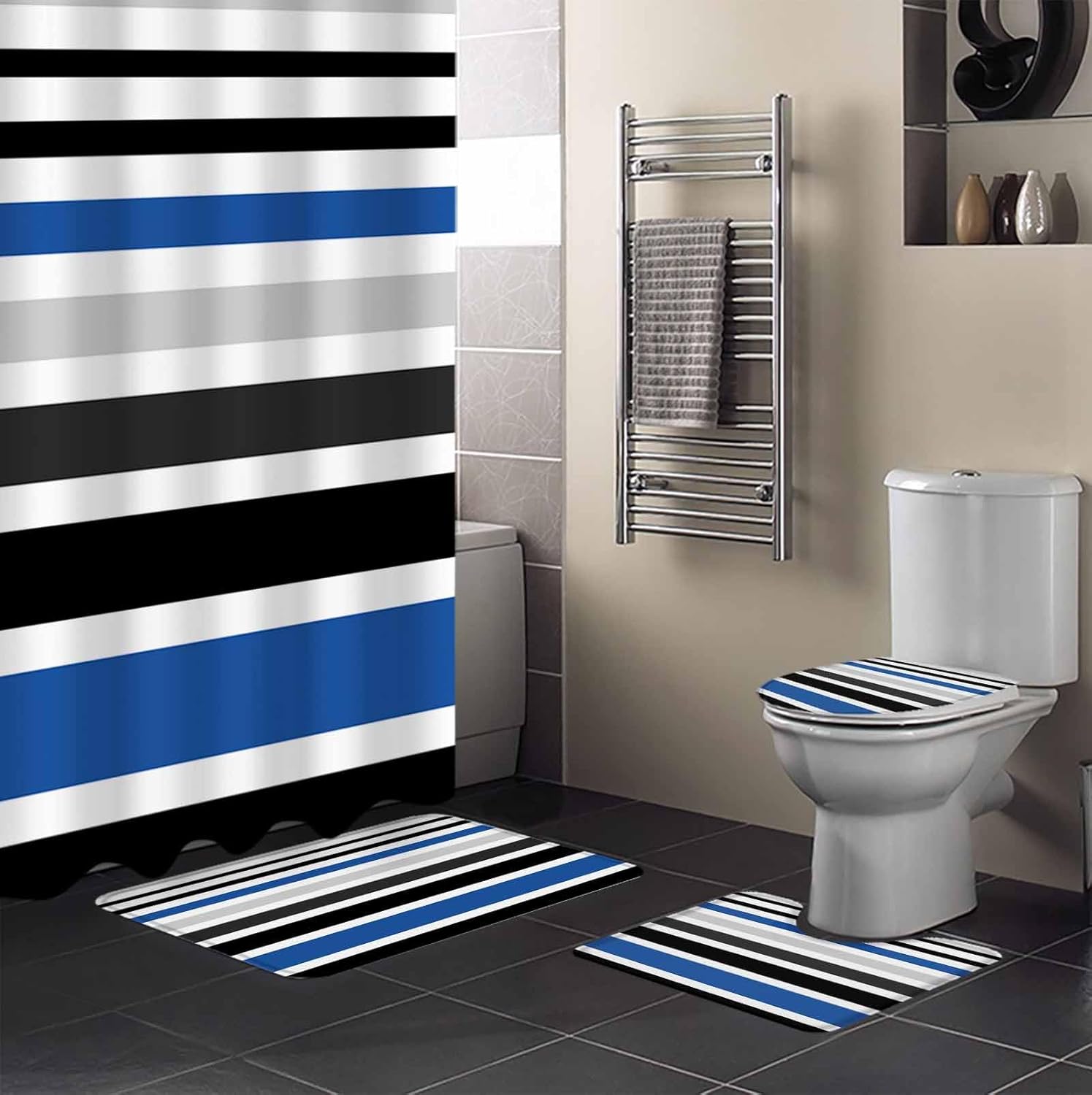 ZOE GARDEN Blue Black Bathroom Set with Curtain Rug Hooks
