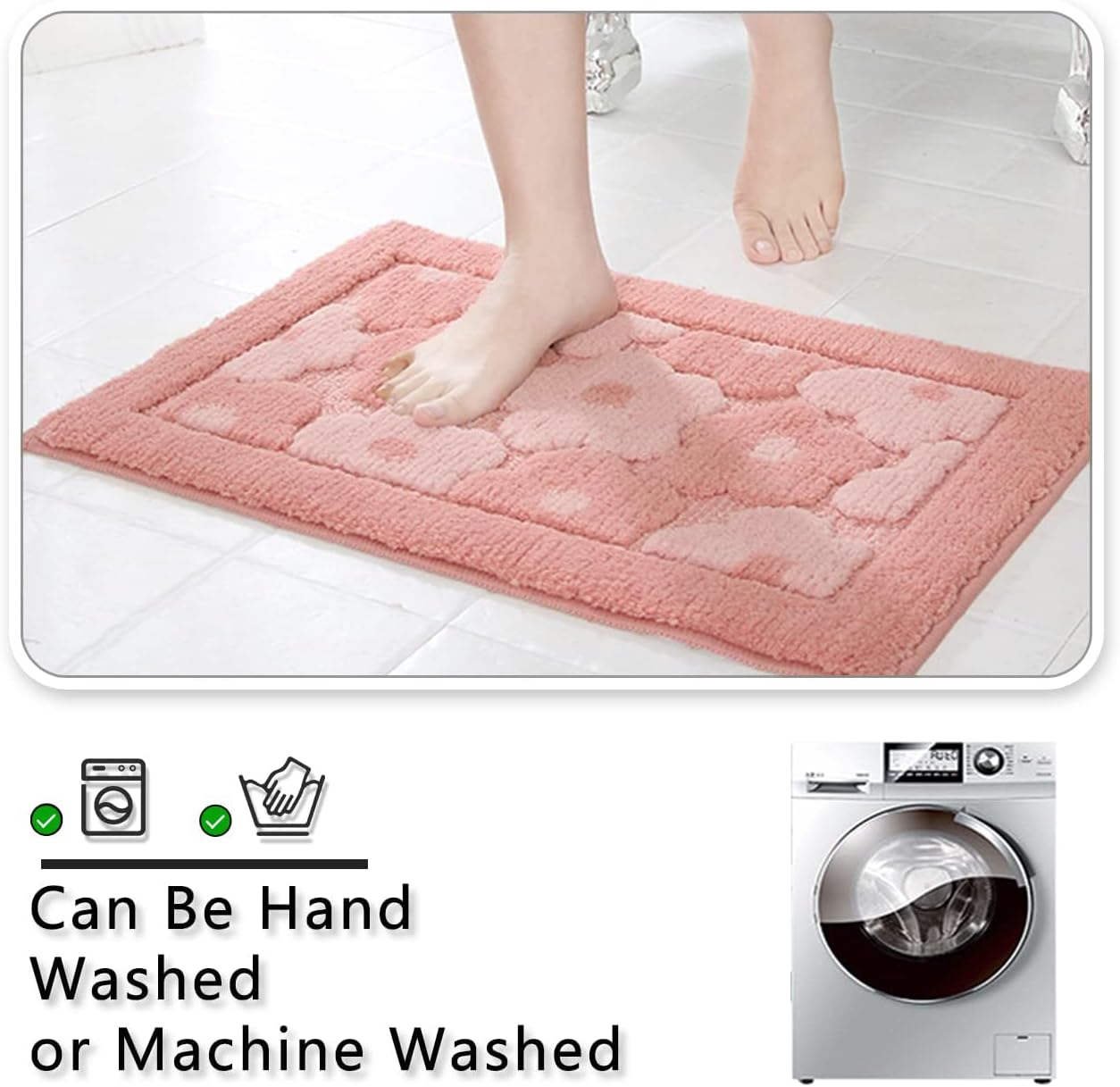 Pink Flower Bath Mat Plush Shaggy Microfiber Non-Slip Shower Rug