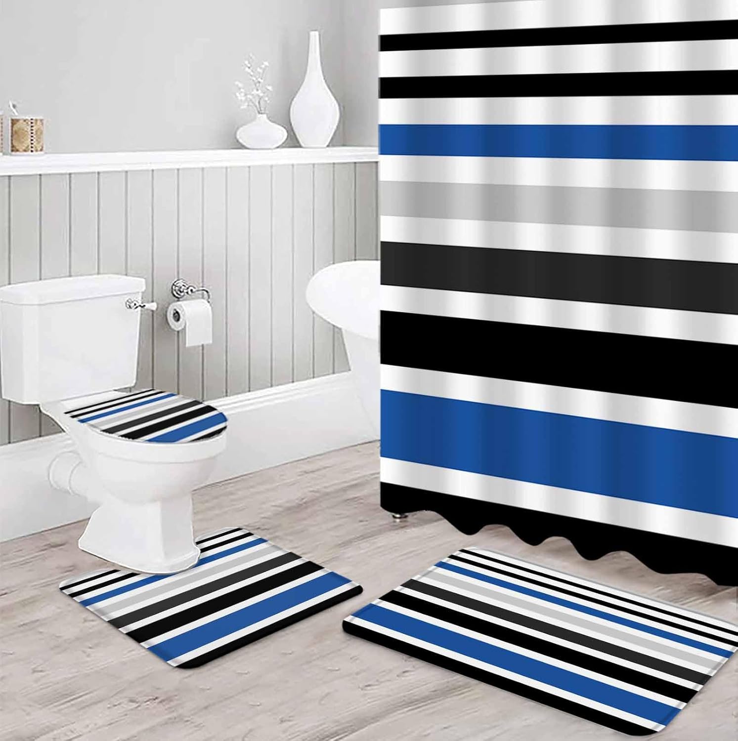ZOE GARDEN Blue Black Bathroom Set with Curtain Rug Hooks
