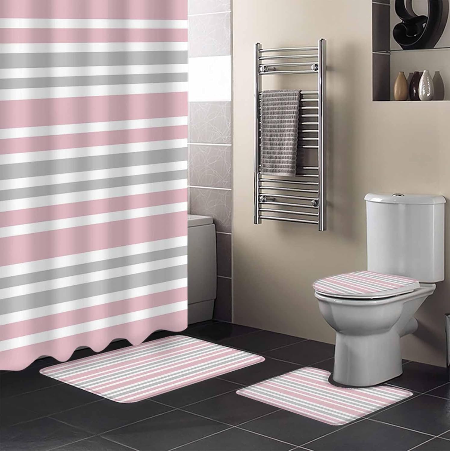 Pink Grey Bathroom Set with Curtain Rug and Accessories