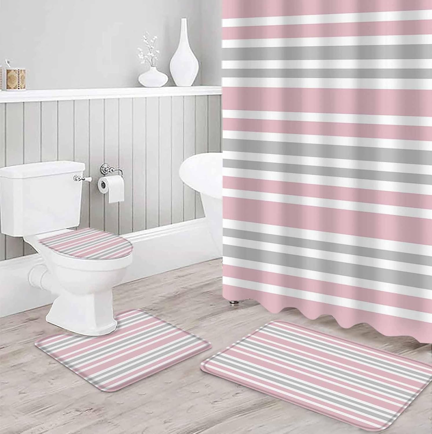 Pink Grey Bathroom Set with Curtain Rug and Accessories