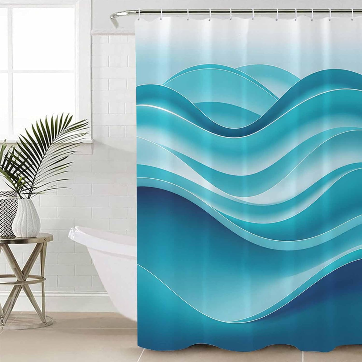 Turquoise Bathroom Set with Curtain Rug and Hooks