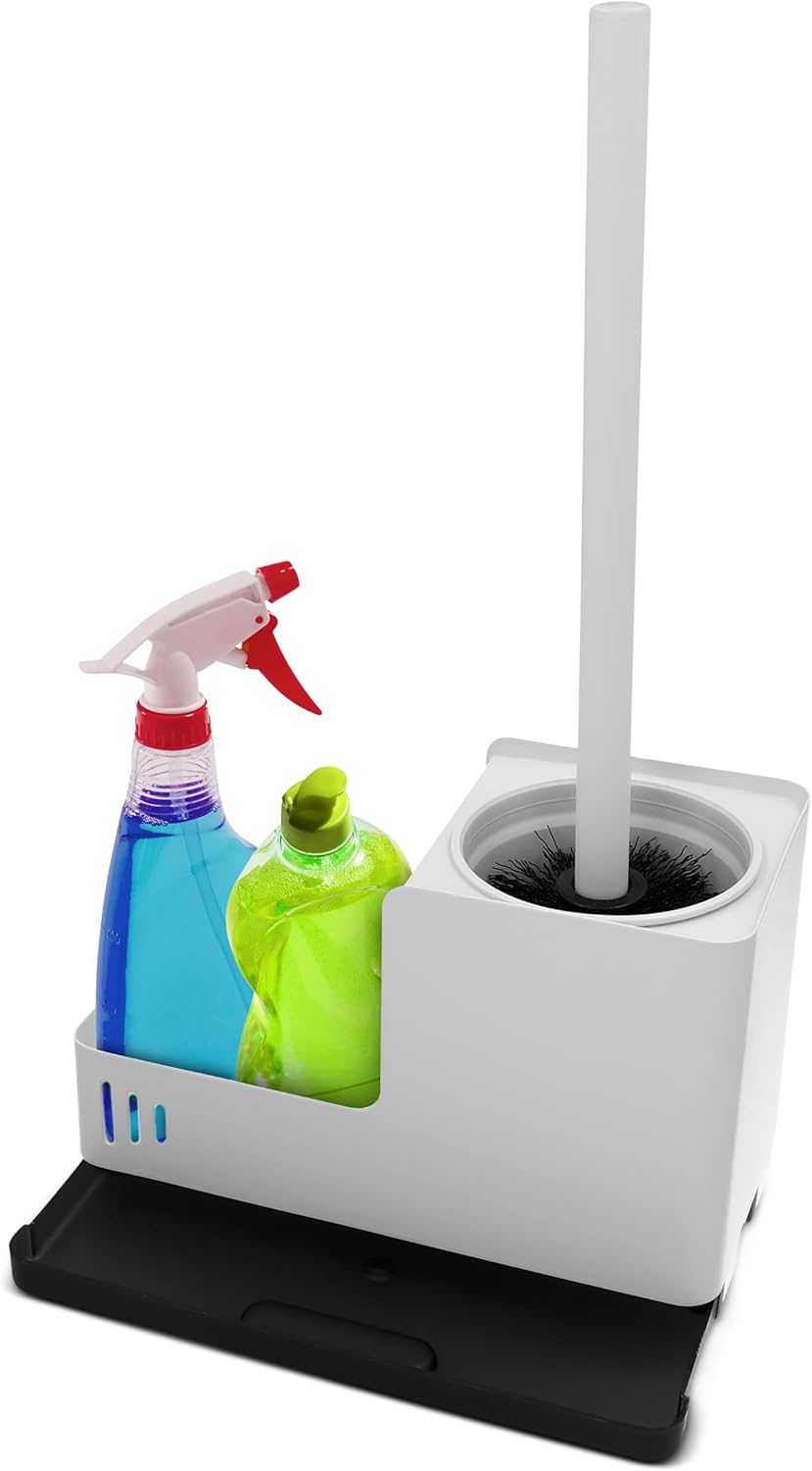 White Toilet Brush and Holder Set - Wall Mounted with Tray and Compartment