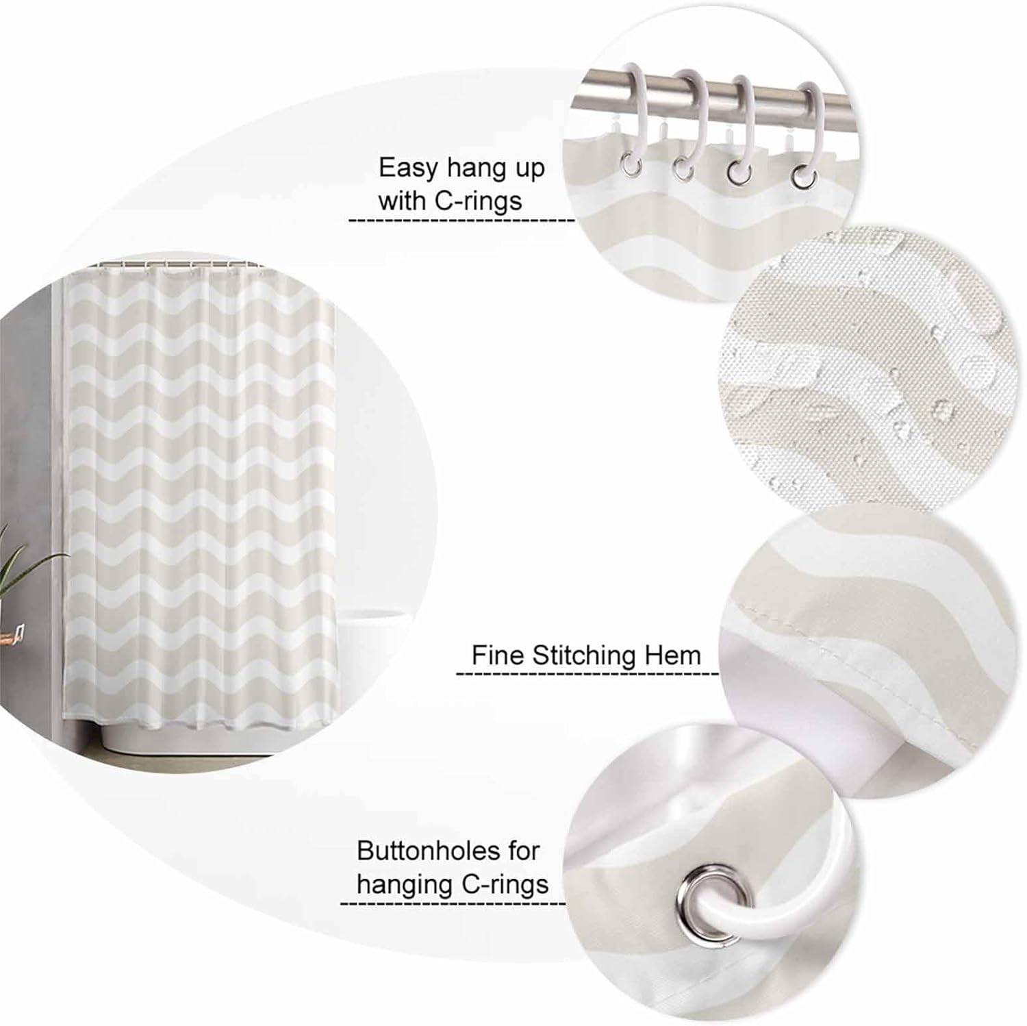Cream Striped Bathroom Set with Shower Curtain and Rug Accessories