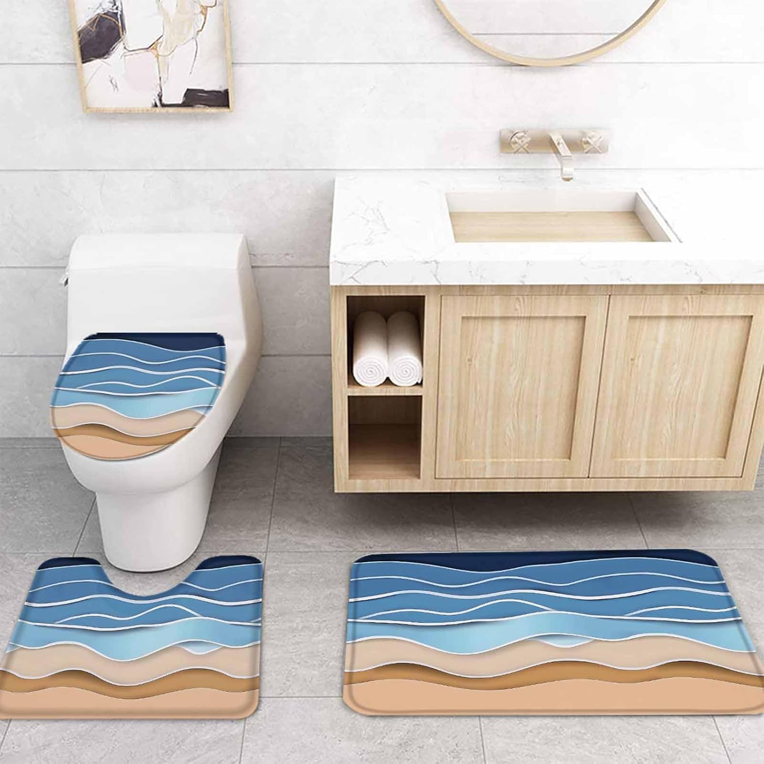 Coastal Blue Bathroom Set with Rug and Curtain