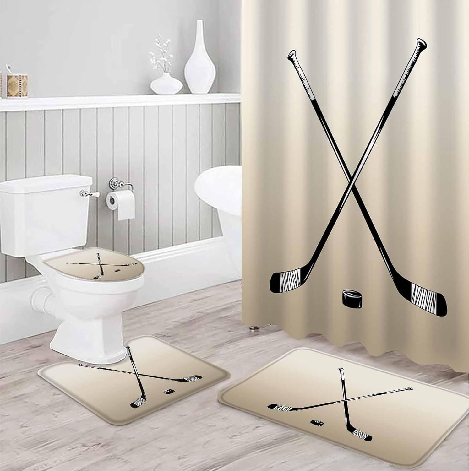 Beige Hockey Bathroom Set with Curtain Rug and Accessories
