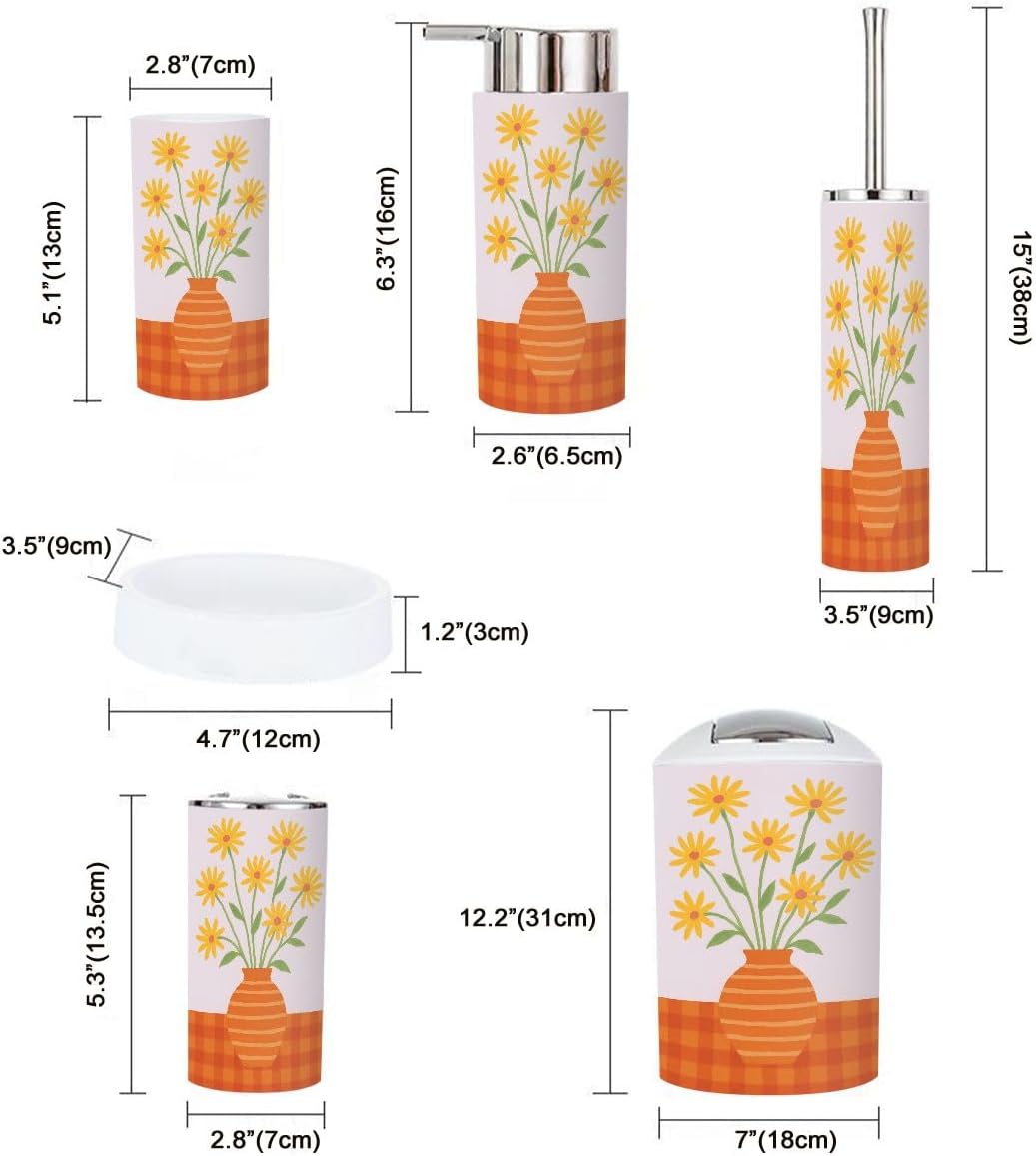 Boho Yellow Flower Vase Bathroom Accessory Set 6 Piece