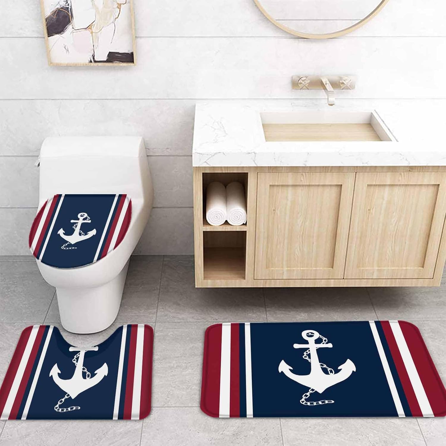 Nautical Anchor Bathroom Set with Curtain Rug and Hooks