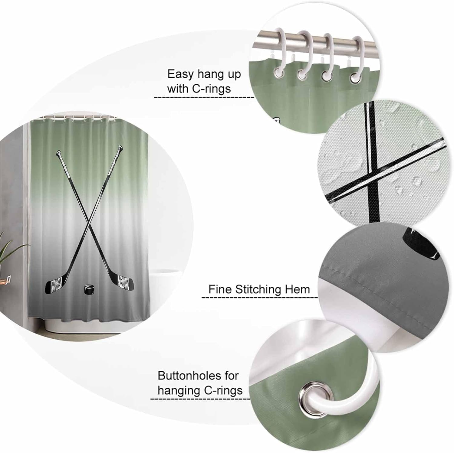 Sage Green Bathroom Set with Curtain Rug and Hooks - 72x72 Inches