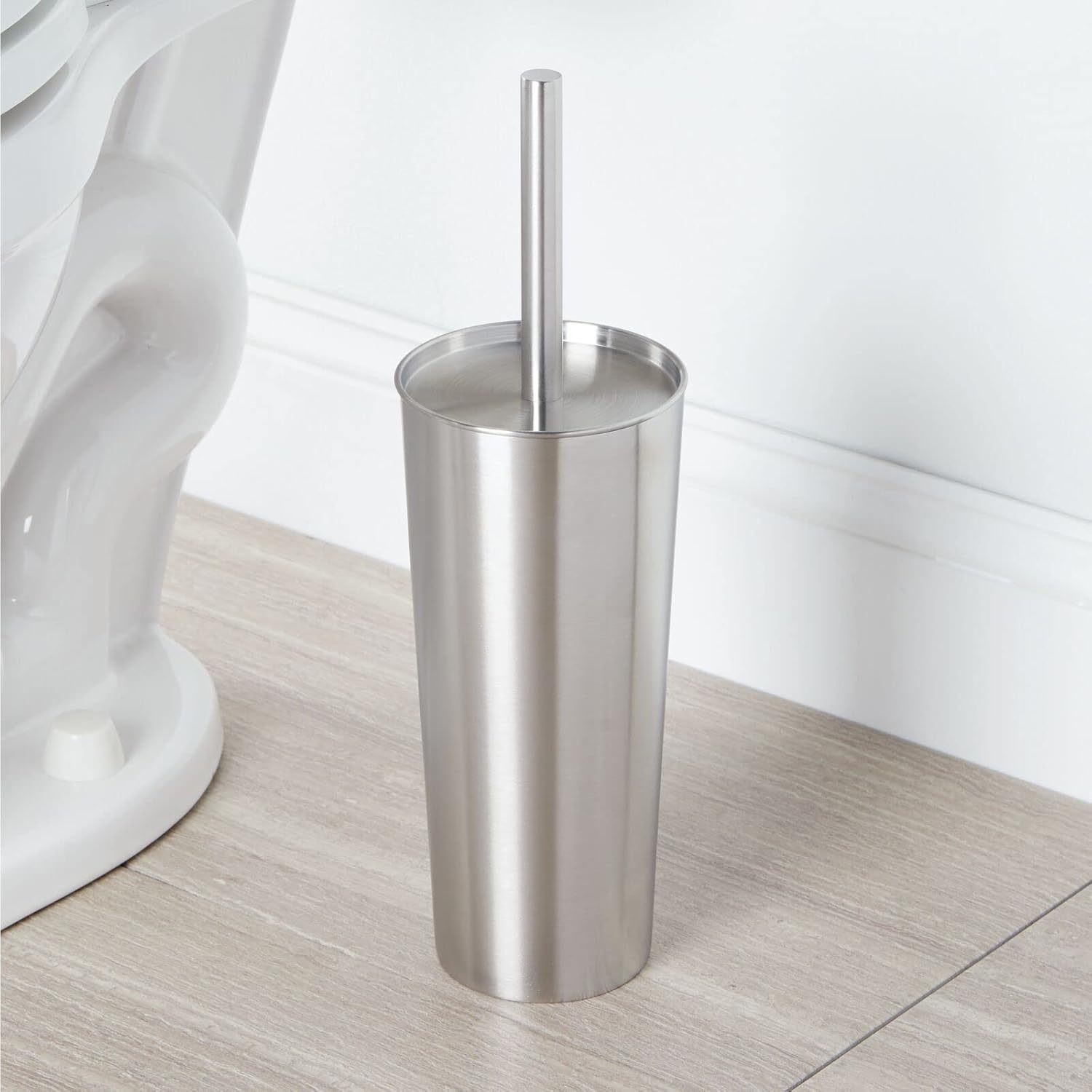 mDesign Slim Metal Toilet Brush Set with Holder - Rust-Resistant Silver