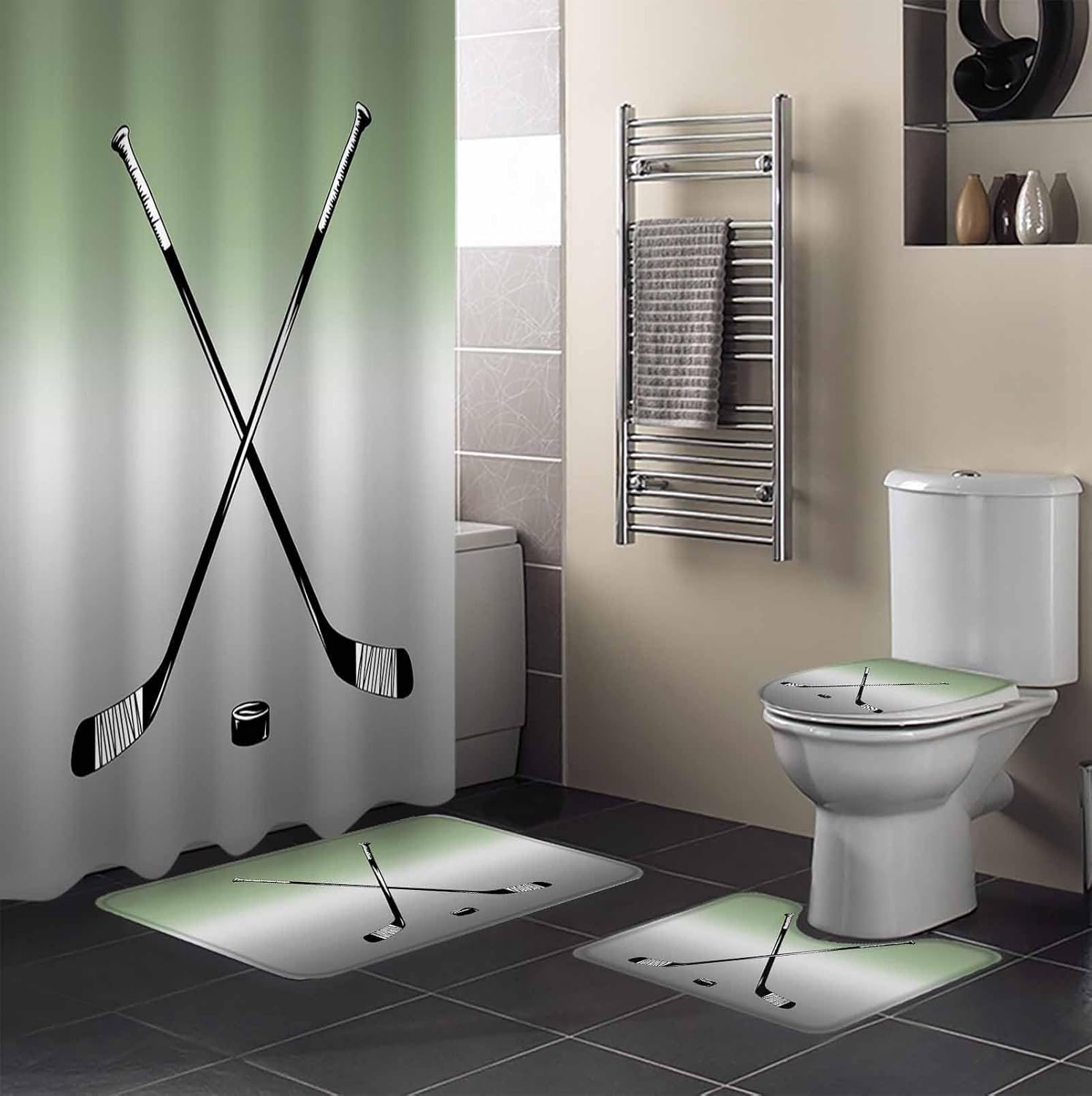 Sage Green Bathroom Set with Curtain Rug and Hooks - 72x72 Inches