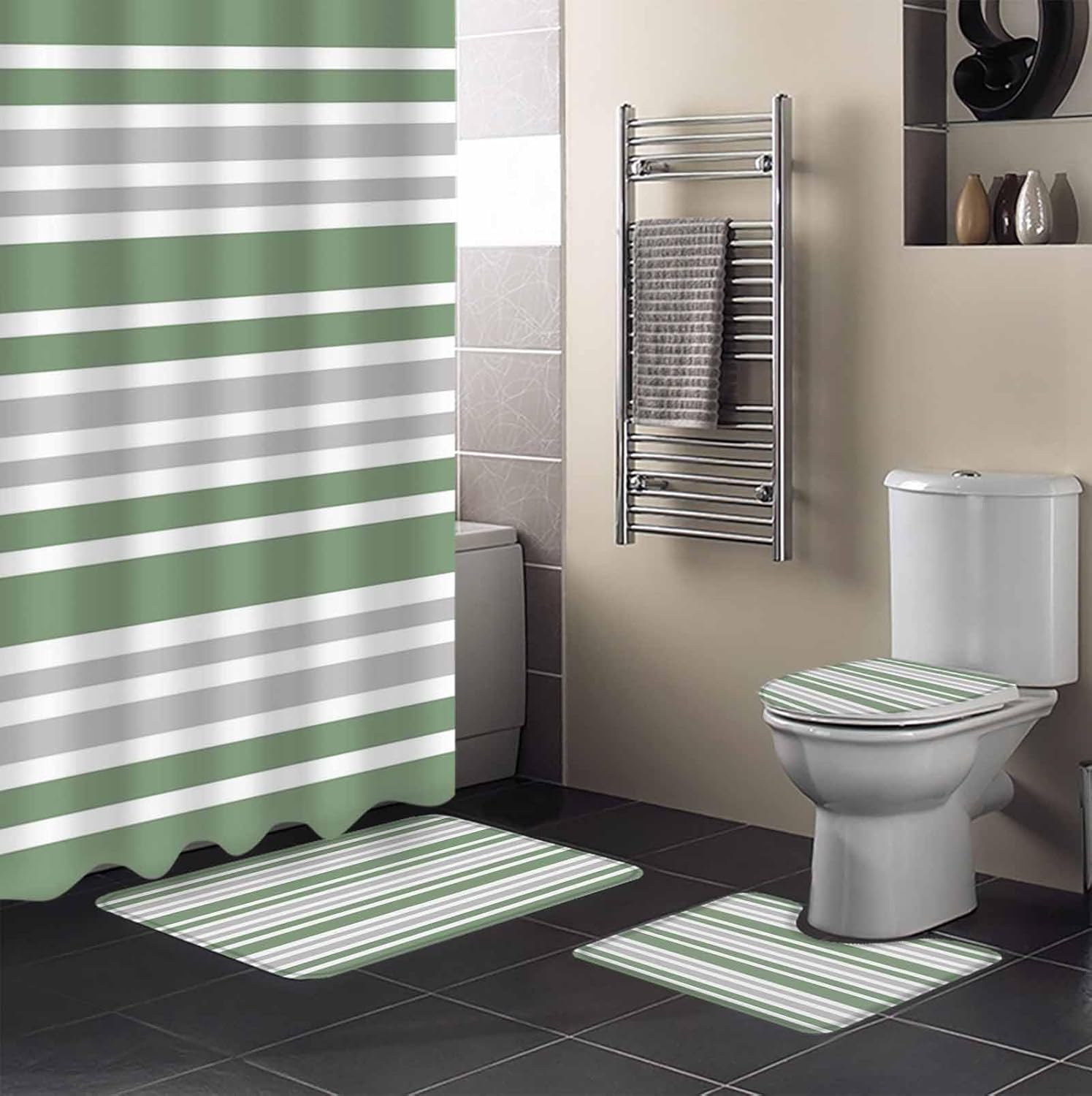 ZOE GARDEN Sage Green Bathroom Set with Curtain Rug and Accessories 1