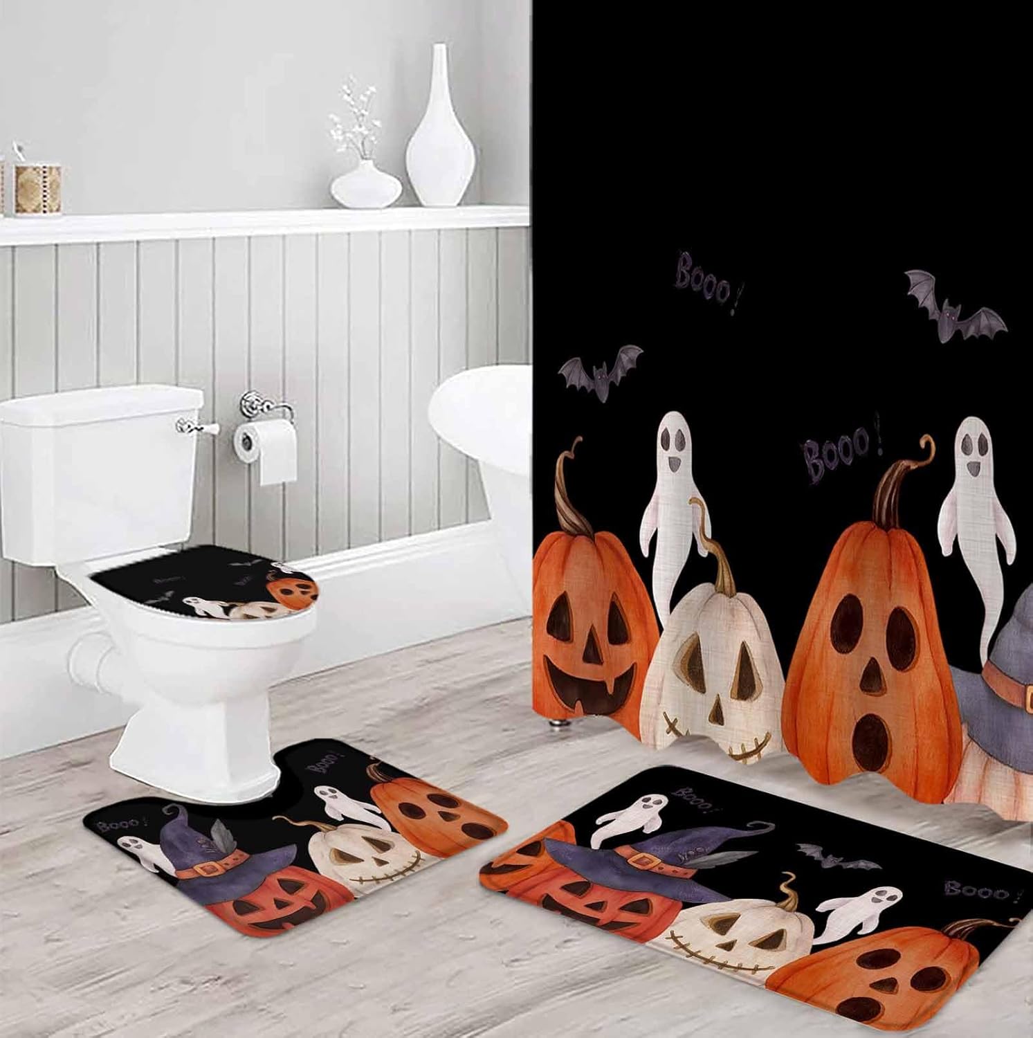 ZOE GARDEN Halloween Black Bath Set with Curtain Rug and Hooks