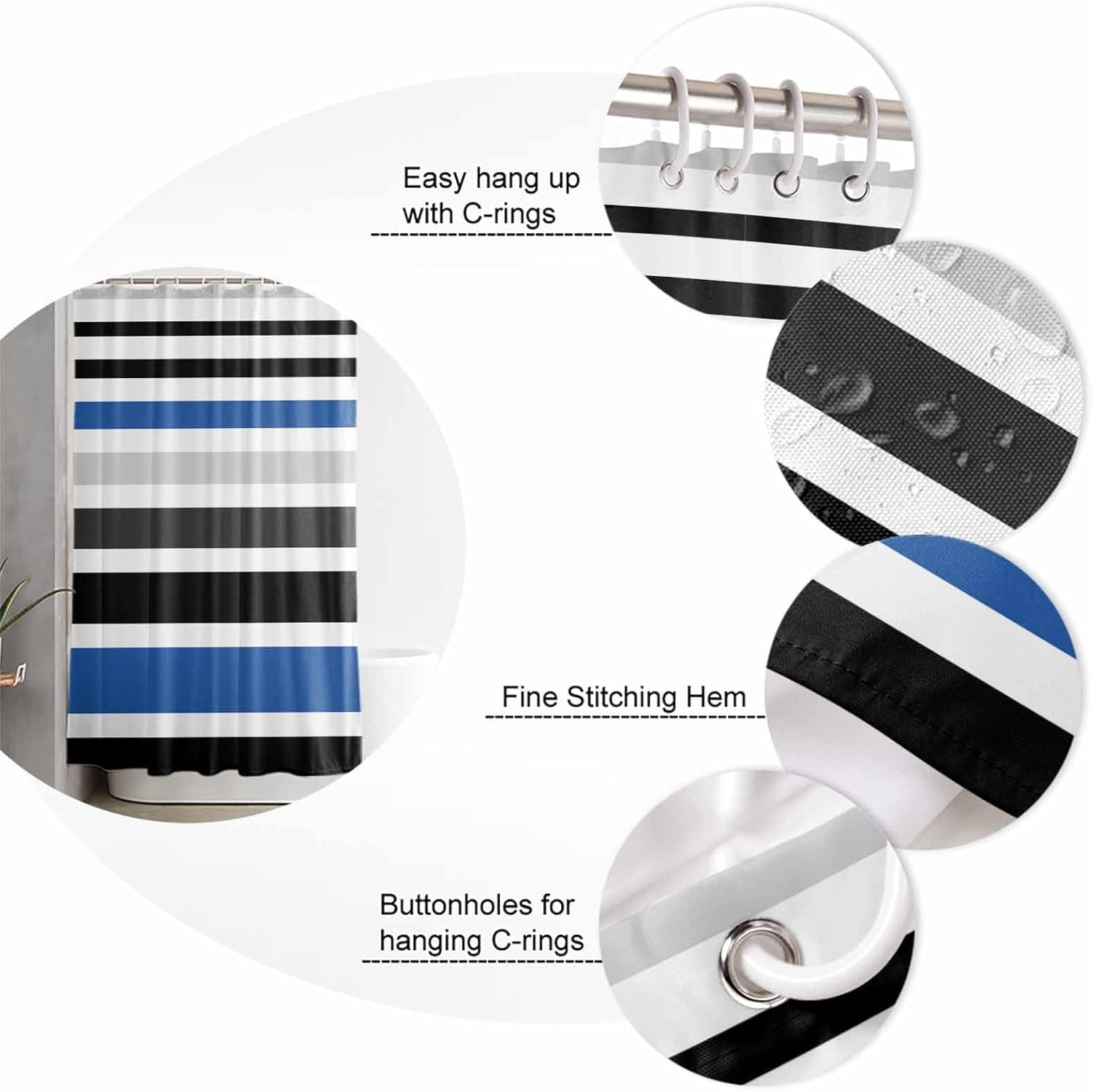 ZOE GARDEN Blue Black Bathroom Set with Curtain Rug Hooks