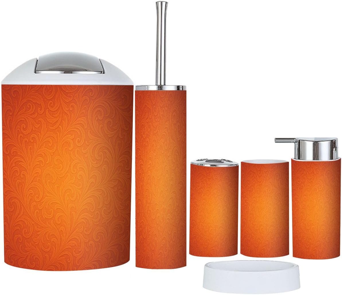 Boho Orange Damask Bathroom Accessory Set 6 Piece