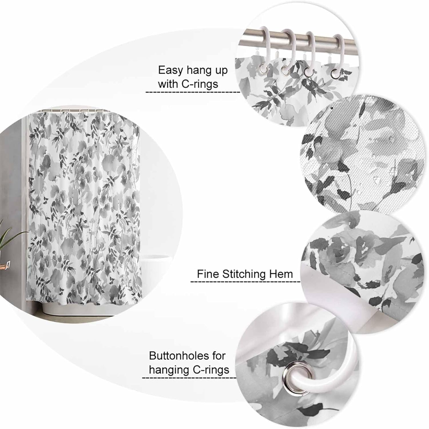 Gray Flower Bathroom Set with Curtain Rug and Hooks