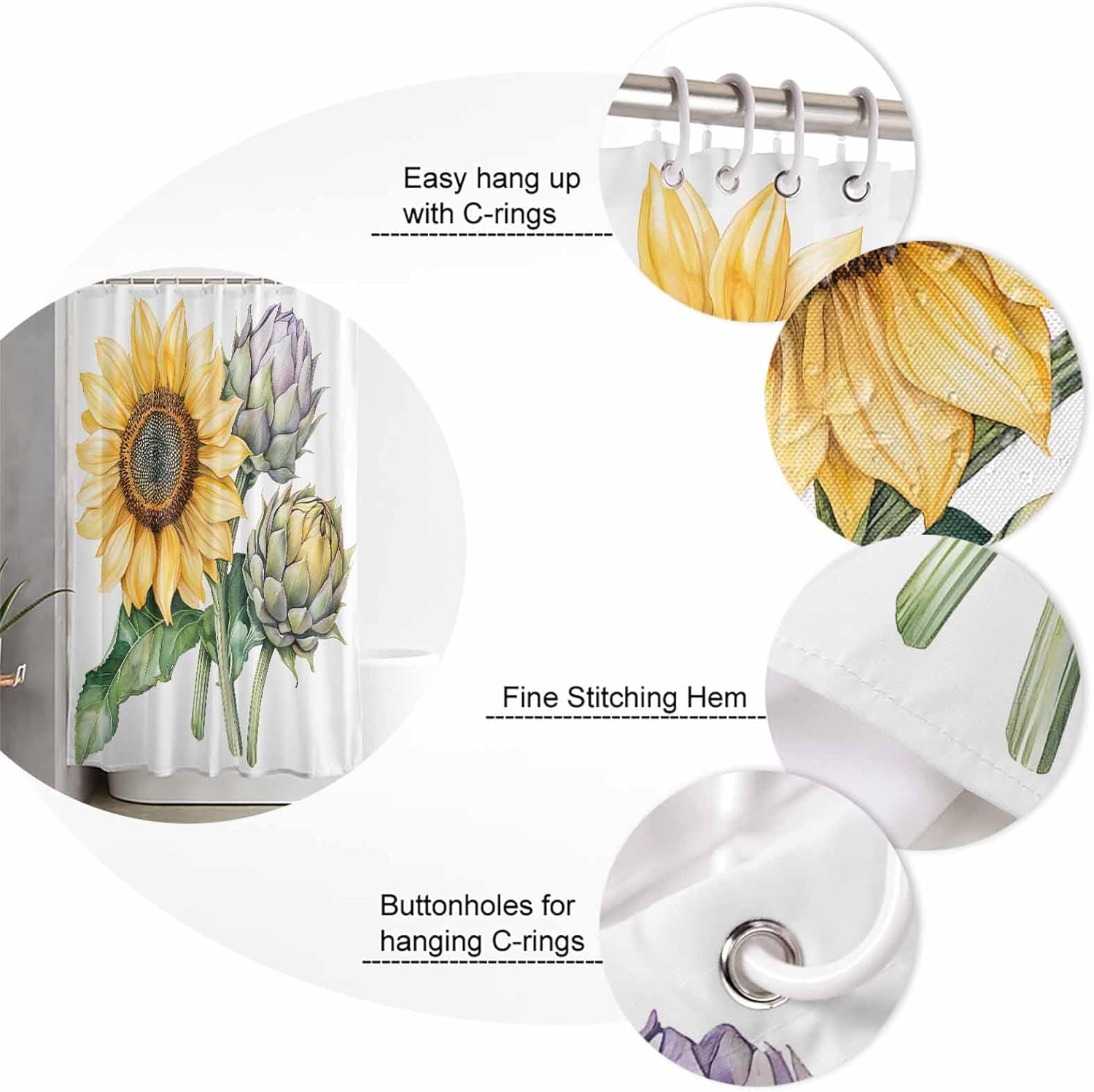 ZOE GARDEN Sunflower Bathroom Set with Curtain and Rug