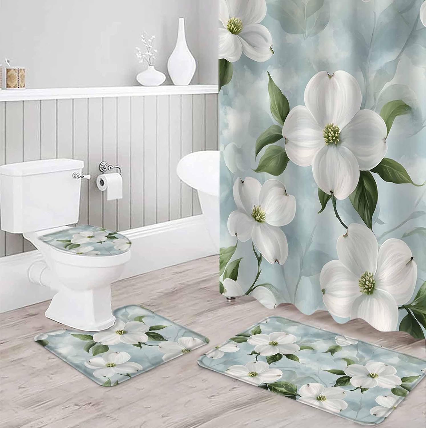 White Floral Bathroom Set with Curtain and Rug - 36x72 Inches