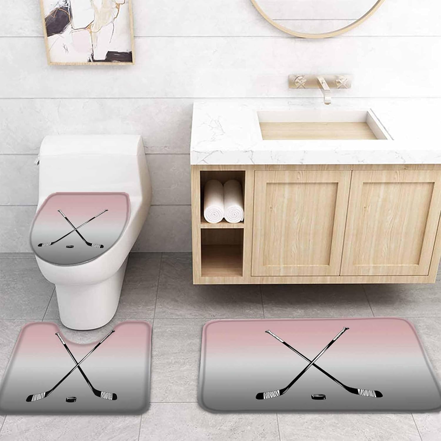 ZOE GARDEN Pink Grey Bathroom Set with Shower Curtain Rug and Accessories