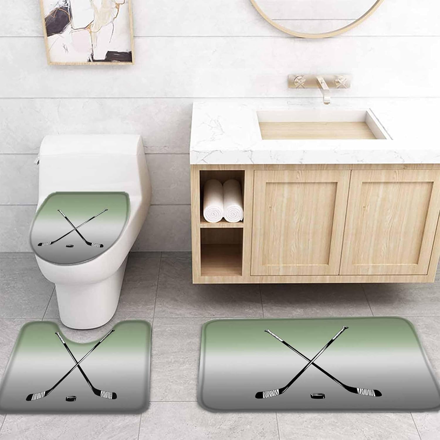 Sage Green Bathroom Set with Curtain Rug and Hooks - 72x72 Inches