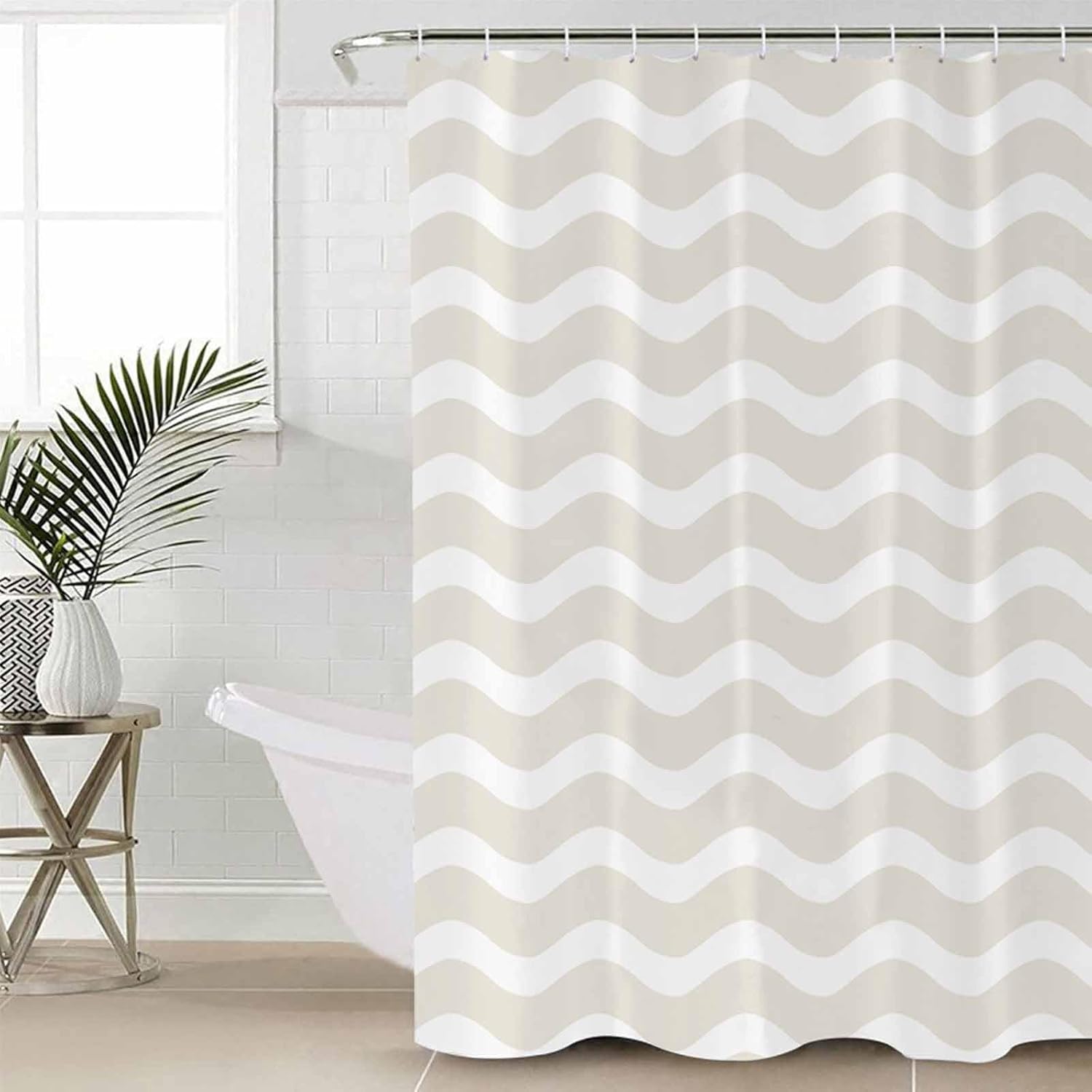 Cream Striped Bathroom Set with Shower Curtain and Rug Accessories
