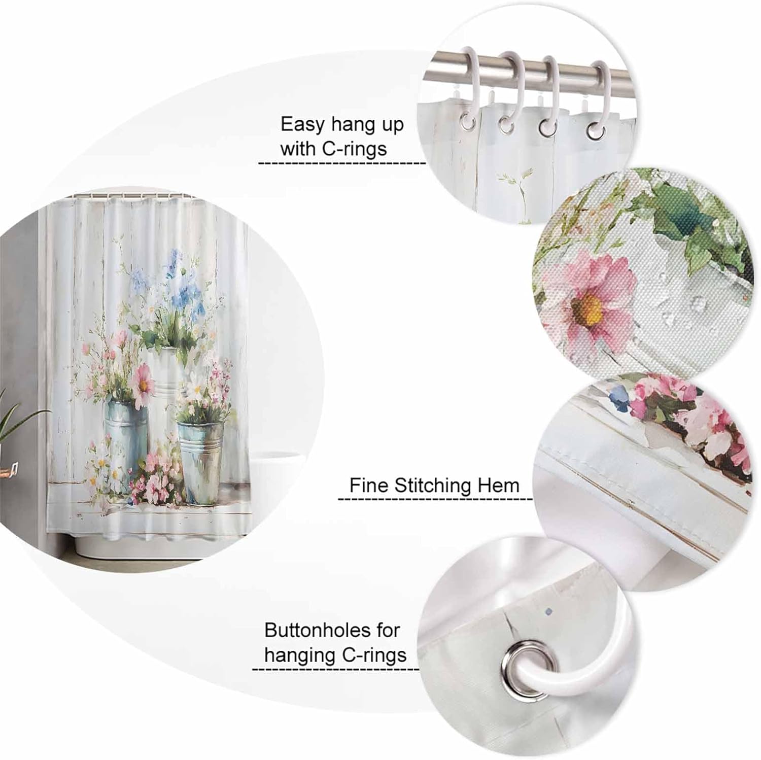 ZOE GARDEN Daisies Flowers Bath Set - 72x72 Waterproof Curtain Rug