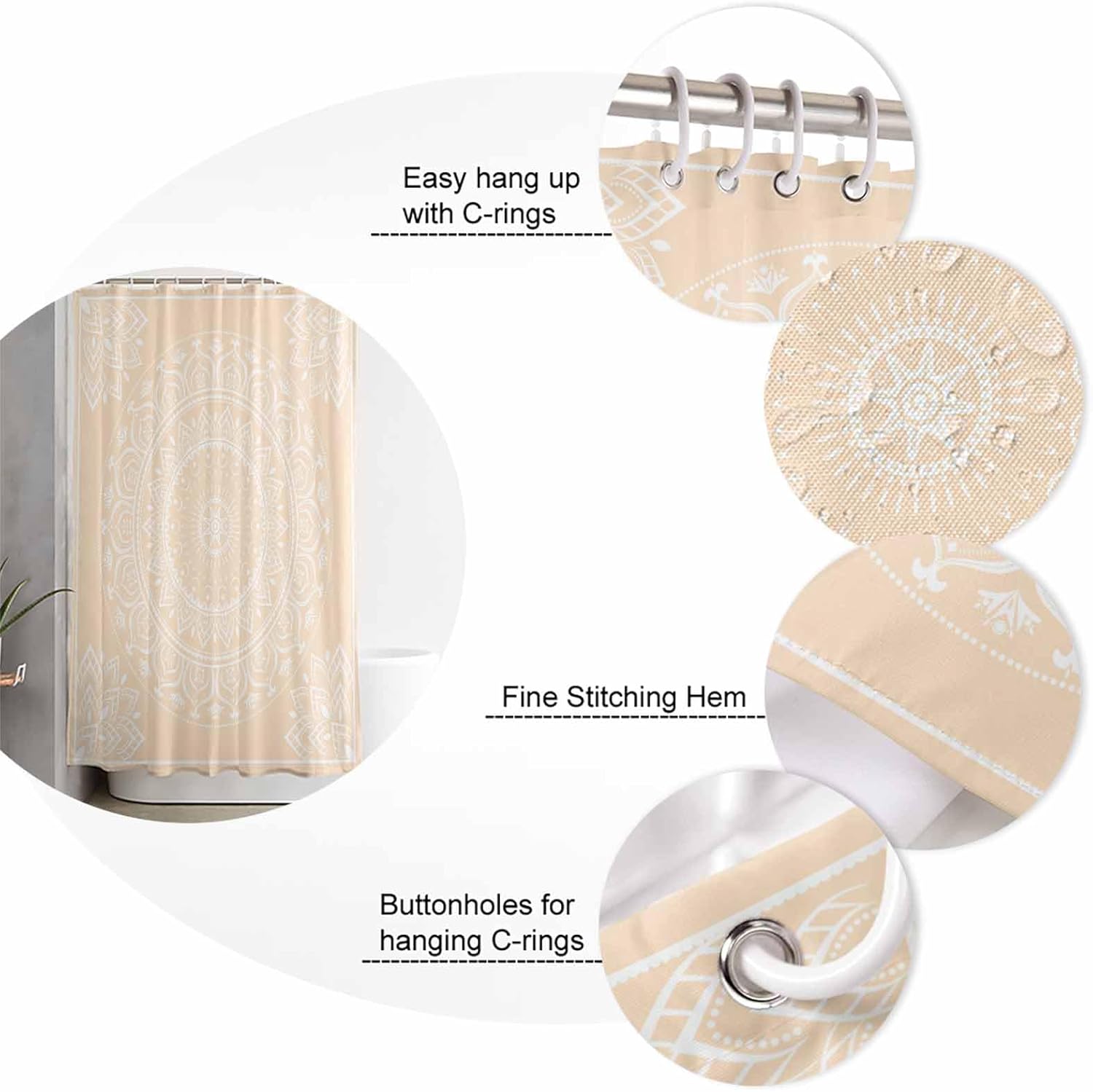 Cream Boho Bathroom Set with Shower Curtain Rug and Accessories