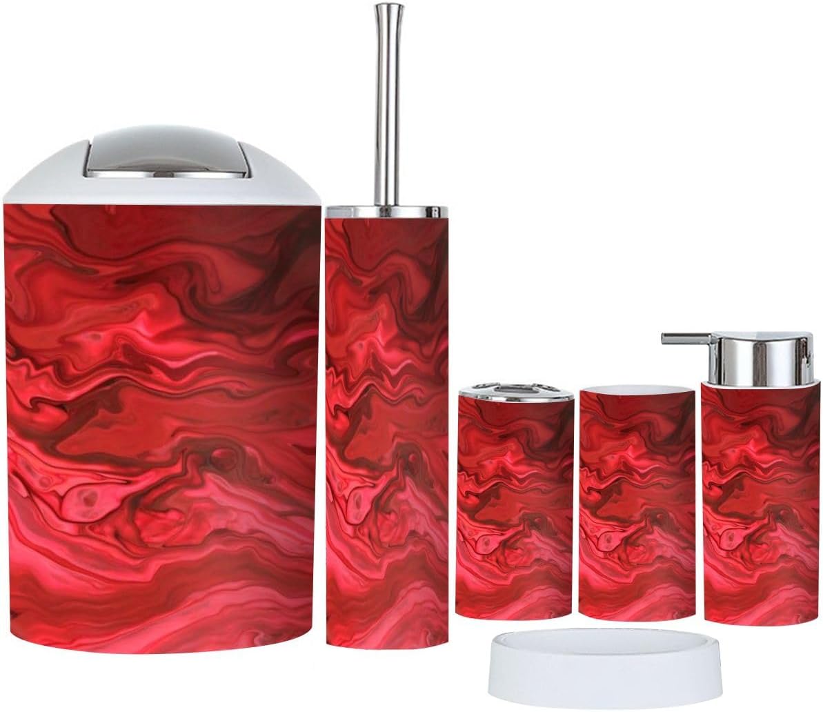 Boho Red Marble Texture Bathroom Accessories Set 6 Piece