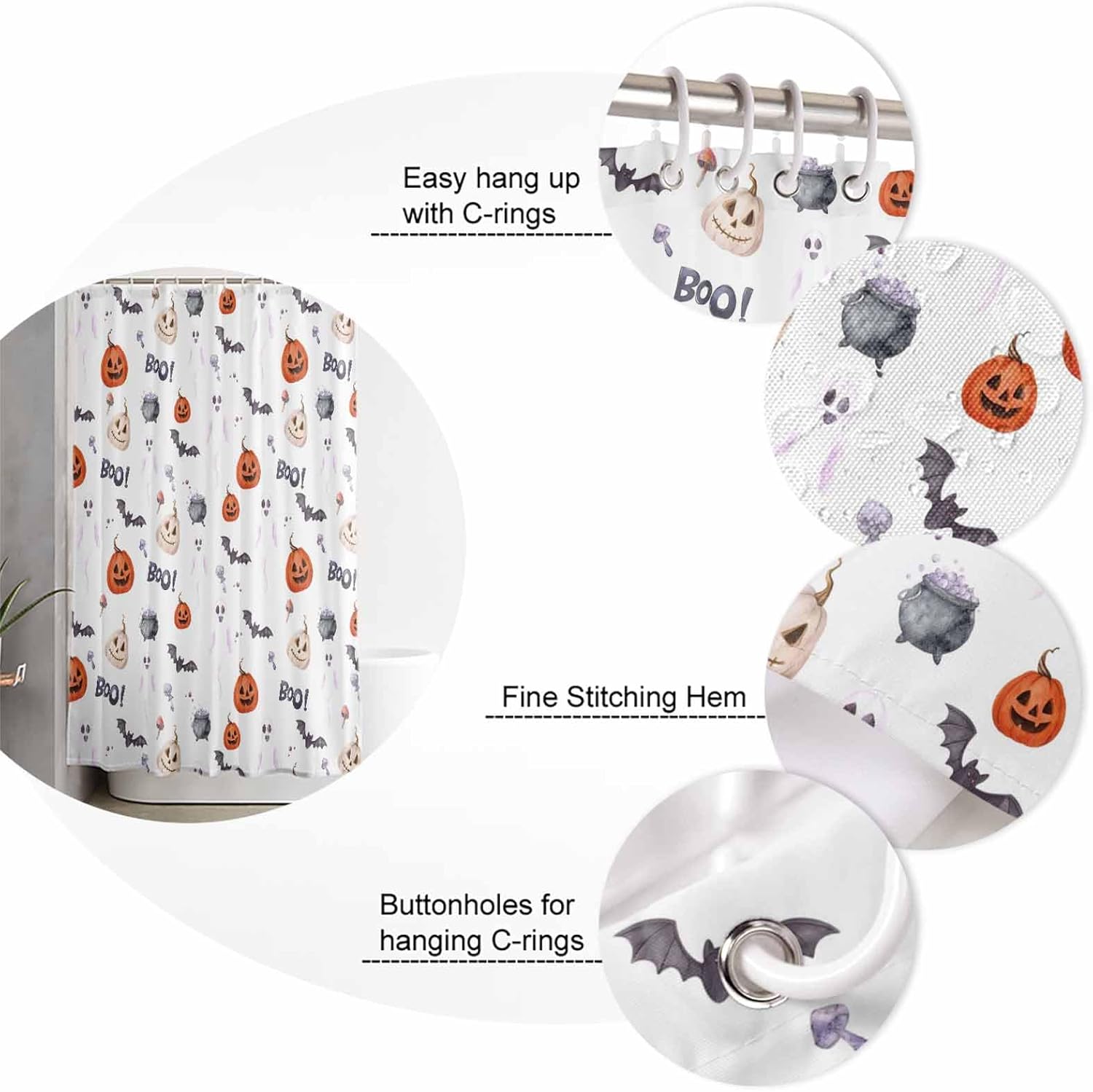 Halloween Bath Set with Curtain Rug and Hooks - 72x72 Inches