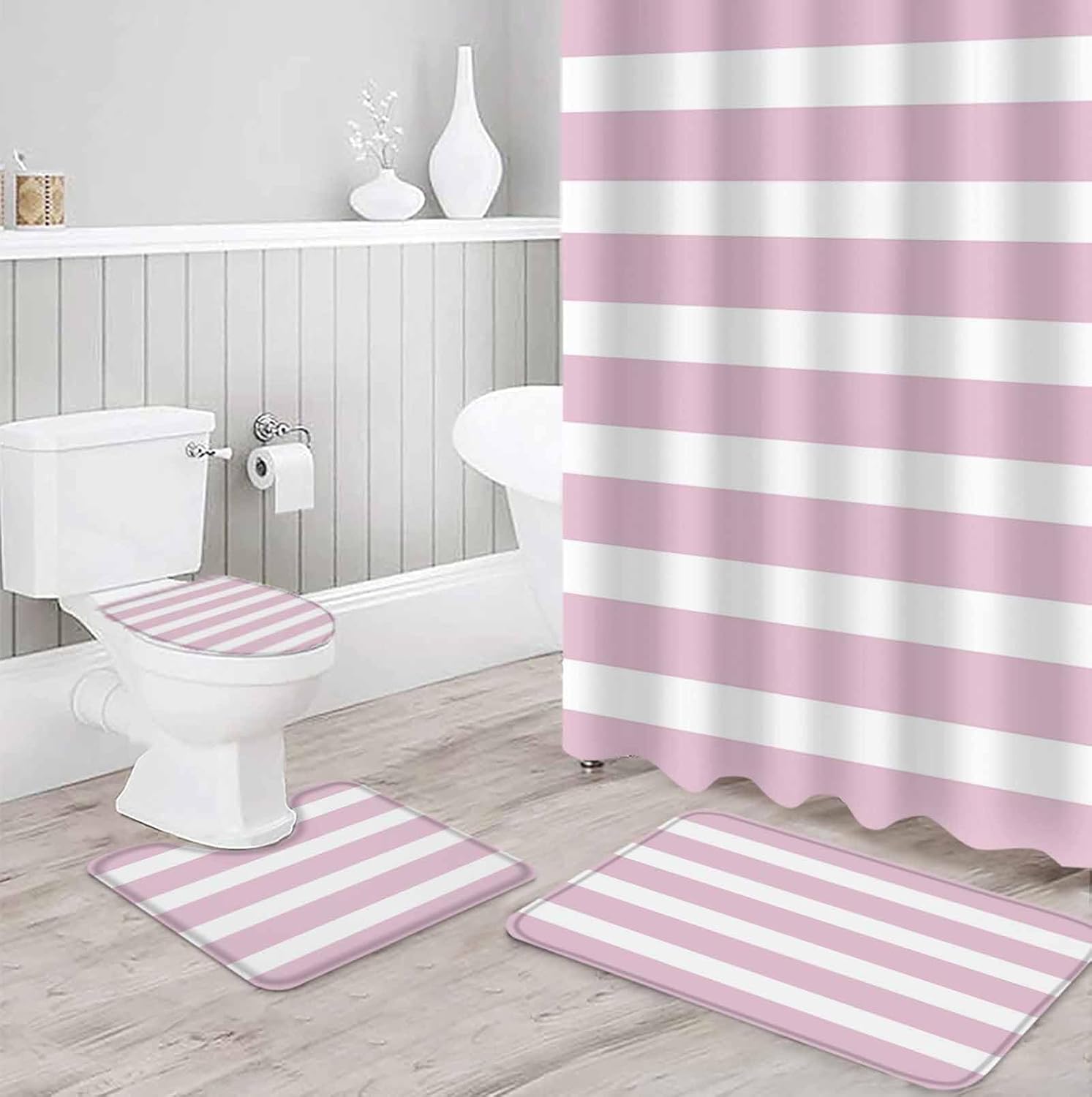 Pink Stripe Bathroom Set with Shower Curtain and Rug and Accessories
