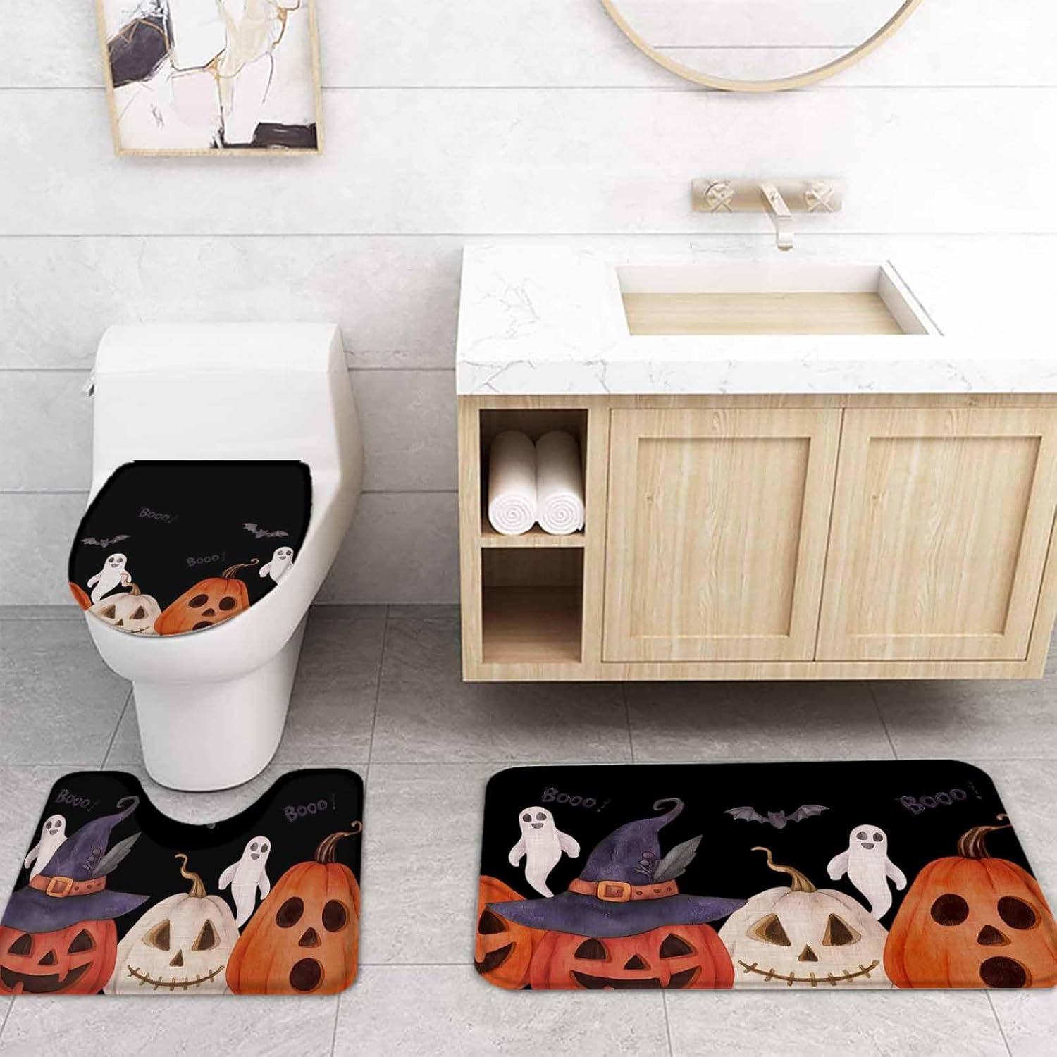 ZOE GARDEN Halloween Black Bath Set with Curtain Rug and Hooks