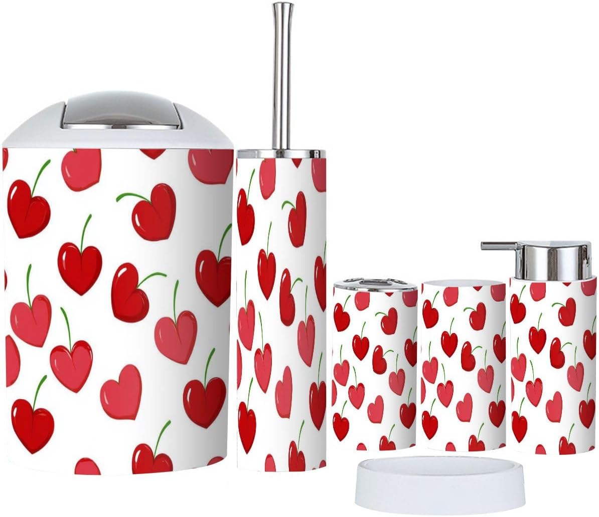 TRANQDEHOM 6 Piece Bathroom Accessory Set Cherry Hearts Boho Pattern