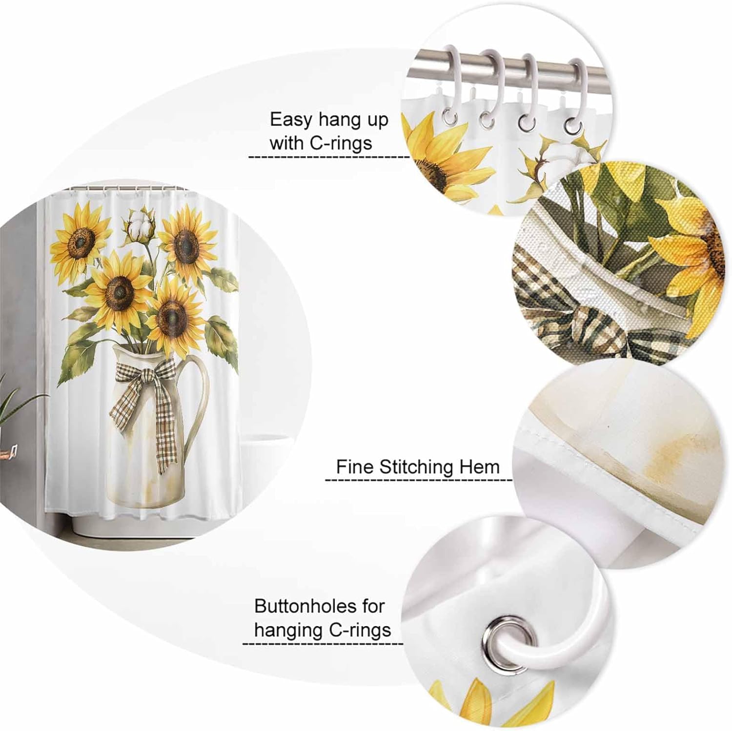 ZOE GARDEN Sunflower Bathroom Set with Curtain Rug and Hooks
