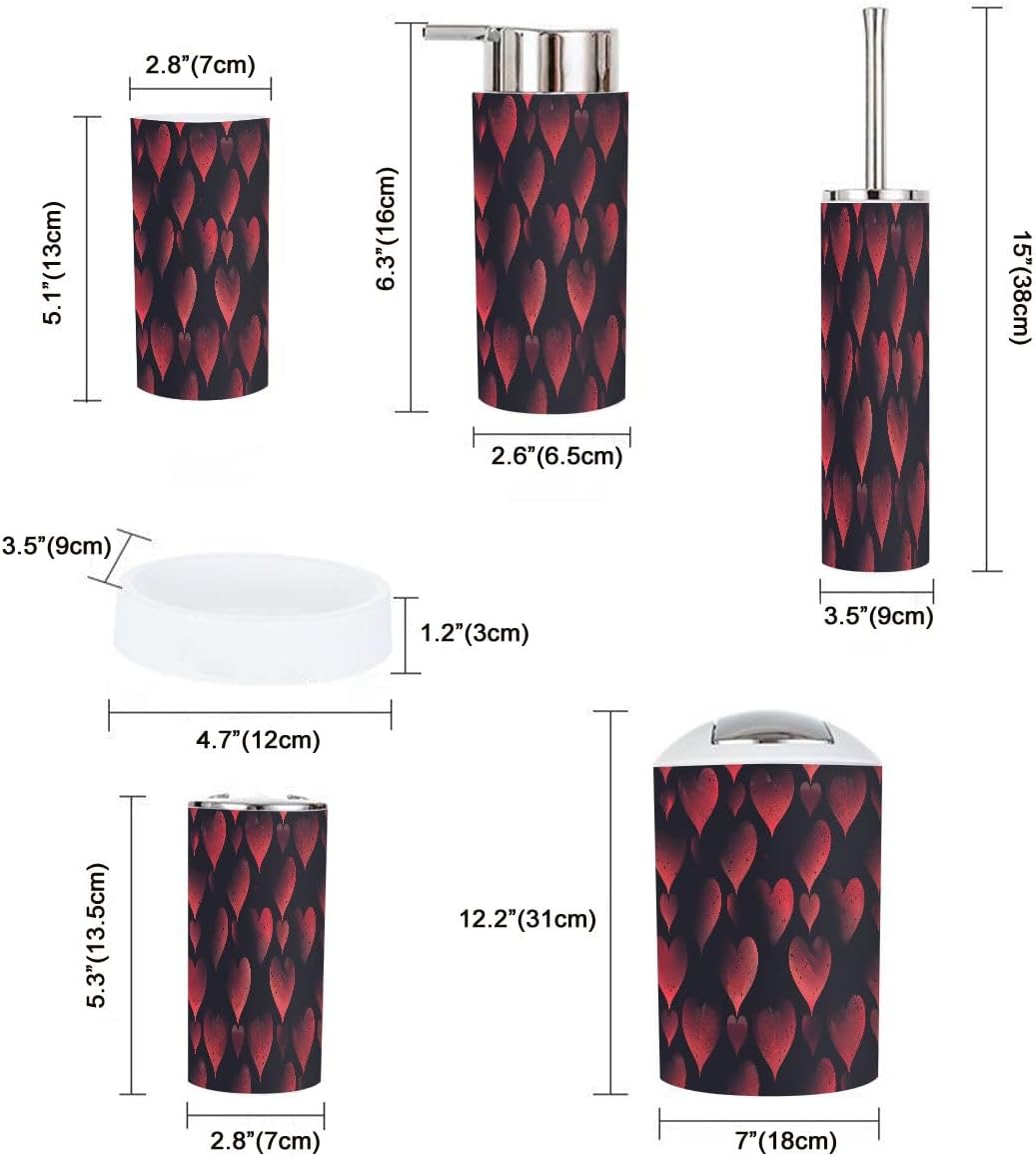 Boho Valentine Bath Accessories Set 6 Piece Red Black Hearts