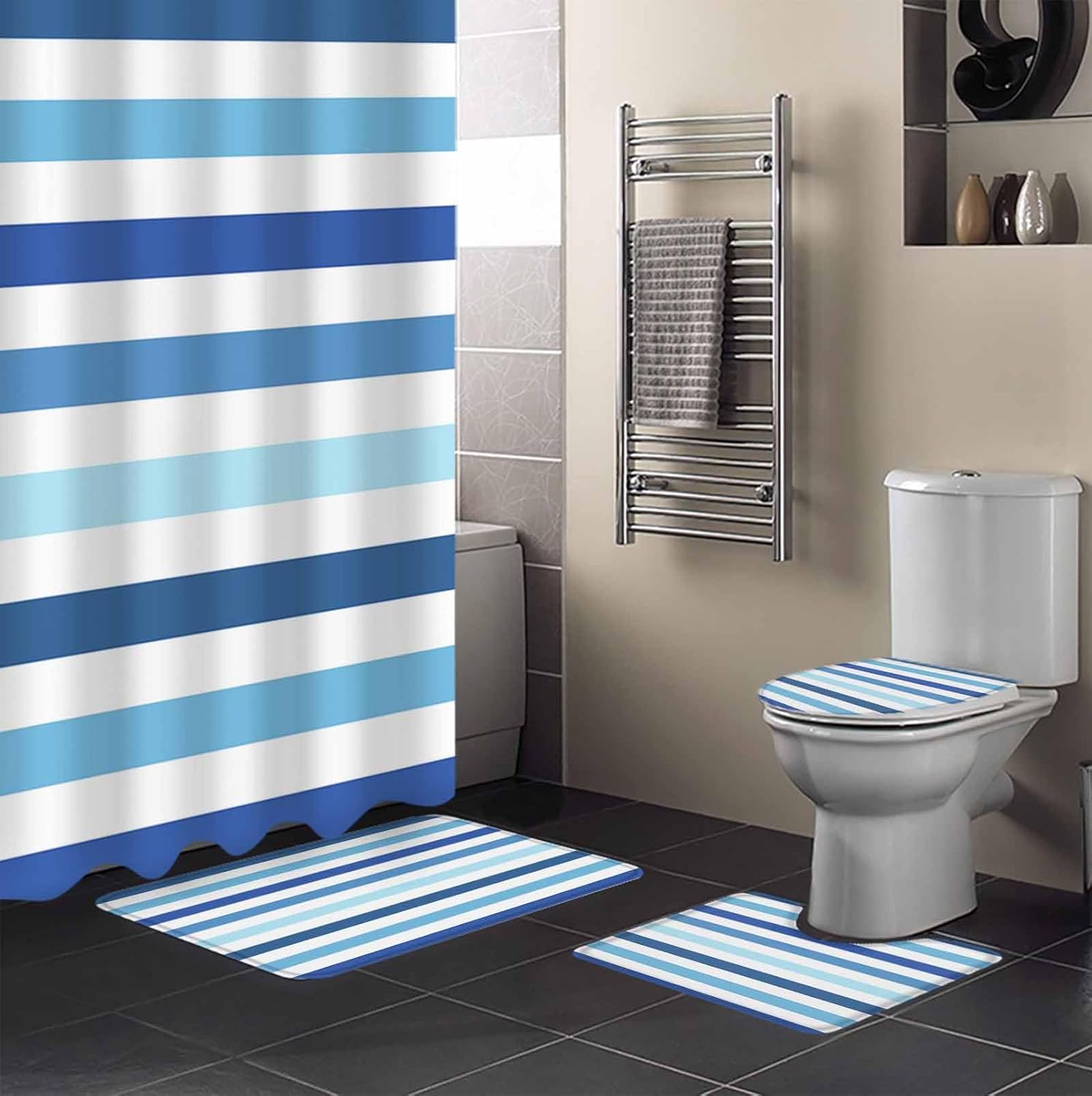 Blue Striped Bathroom Set with Shower Curtain and Rug