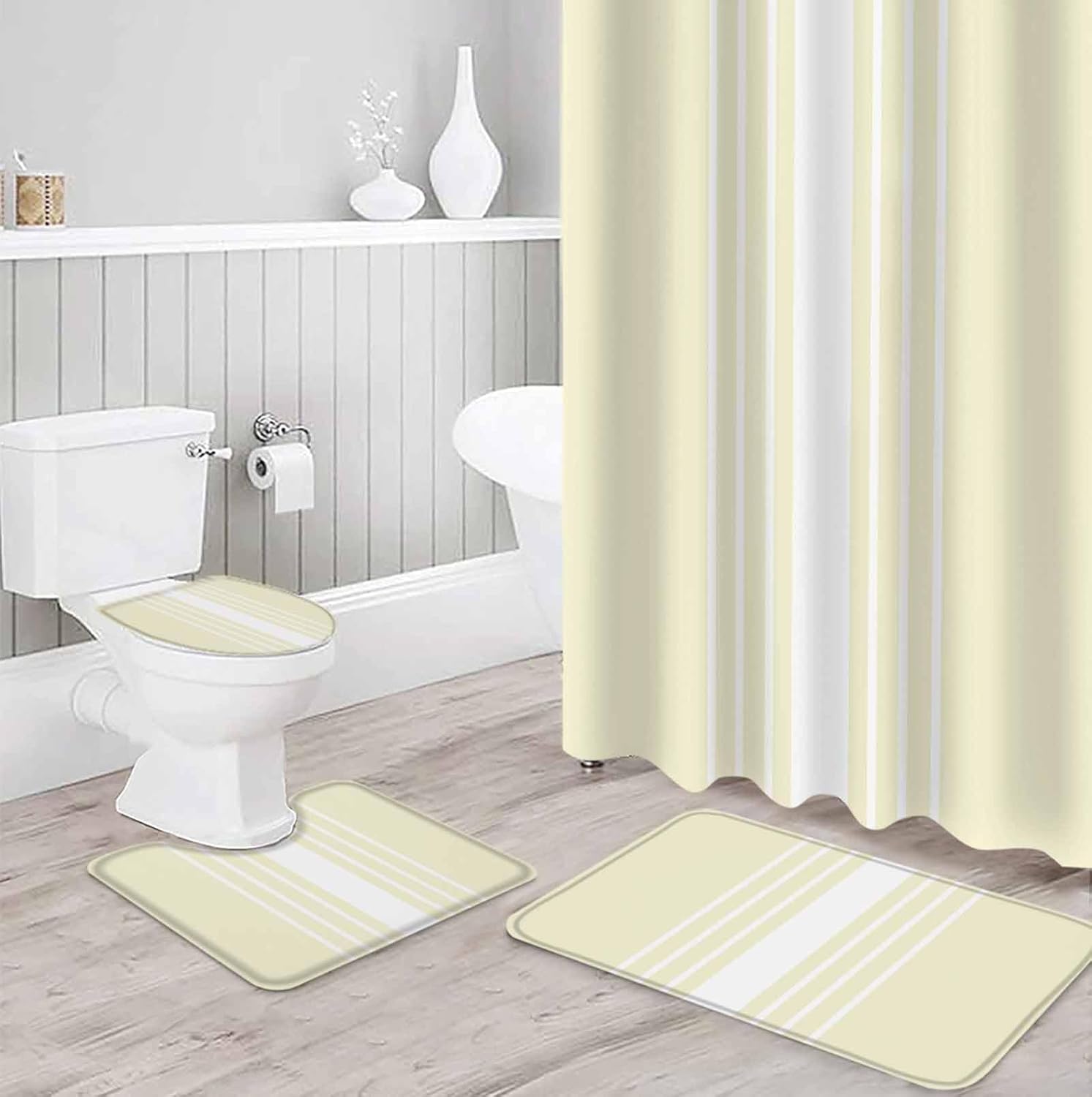 ZOE GARDEN Cream White Bathroom Set with Shower Curtain and Rug Accessories