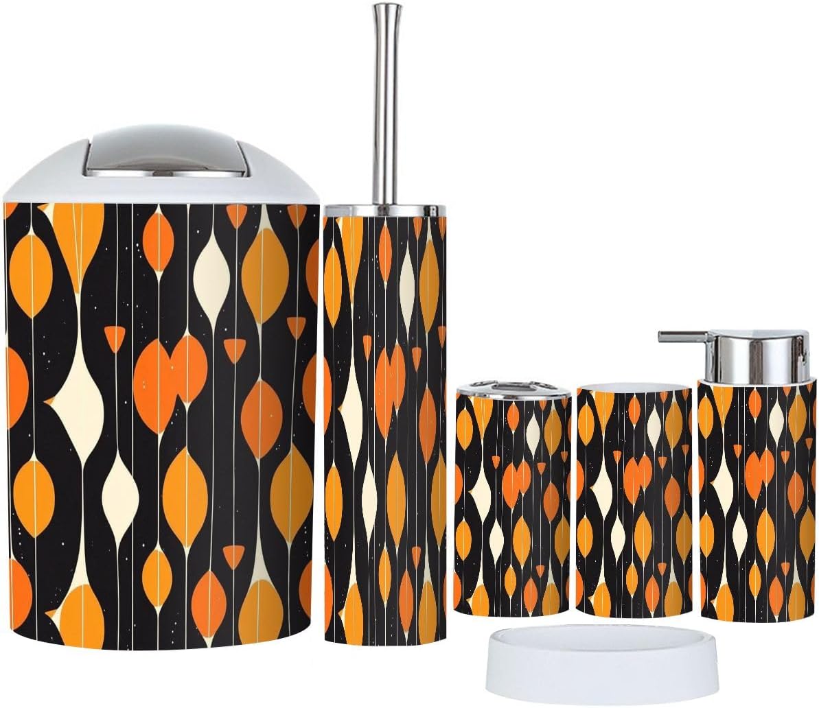 Boho Black Orange Geometric Bathroom Accessory Set 6 Piece