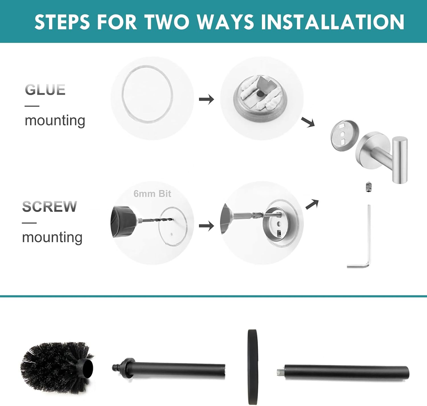 FVITA Wall-Mount Toilet Brush with Stainless Steel Holder