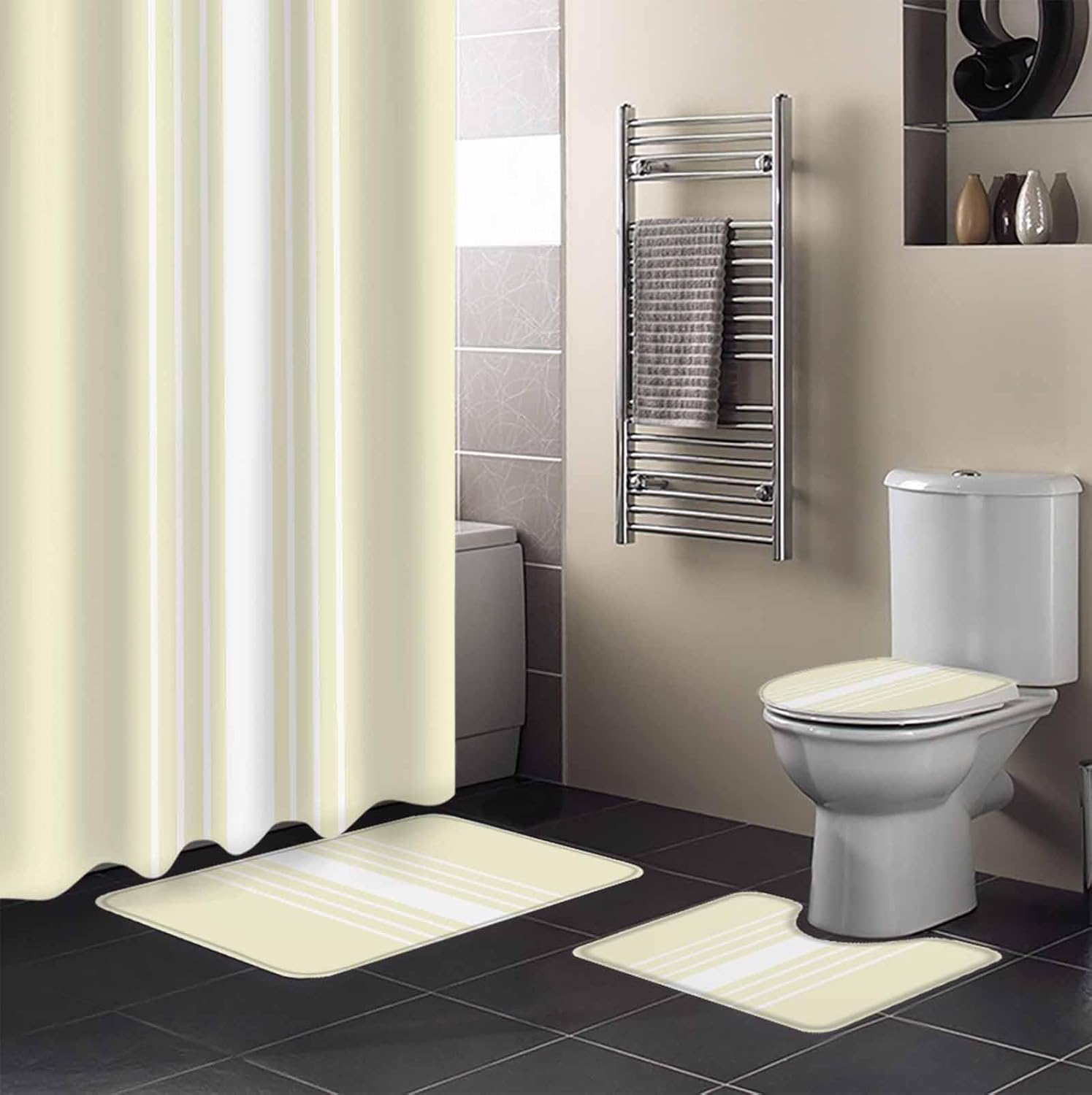 ZOE GARDEN Cream White Bathroom Set with Shower Curtain and Rug Accessories