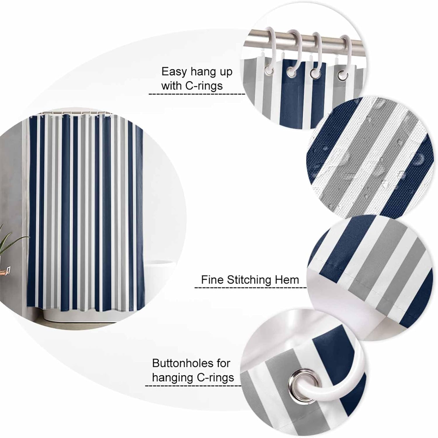Navy Blue Grey Bathroom Set with Curtain Rug and Accessories 1