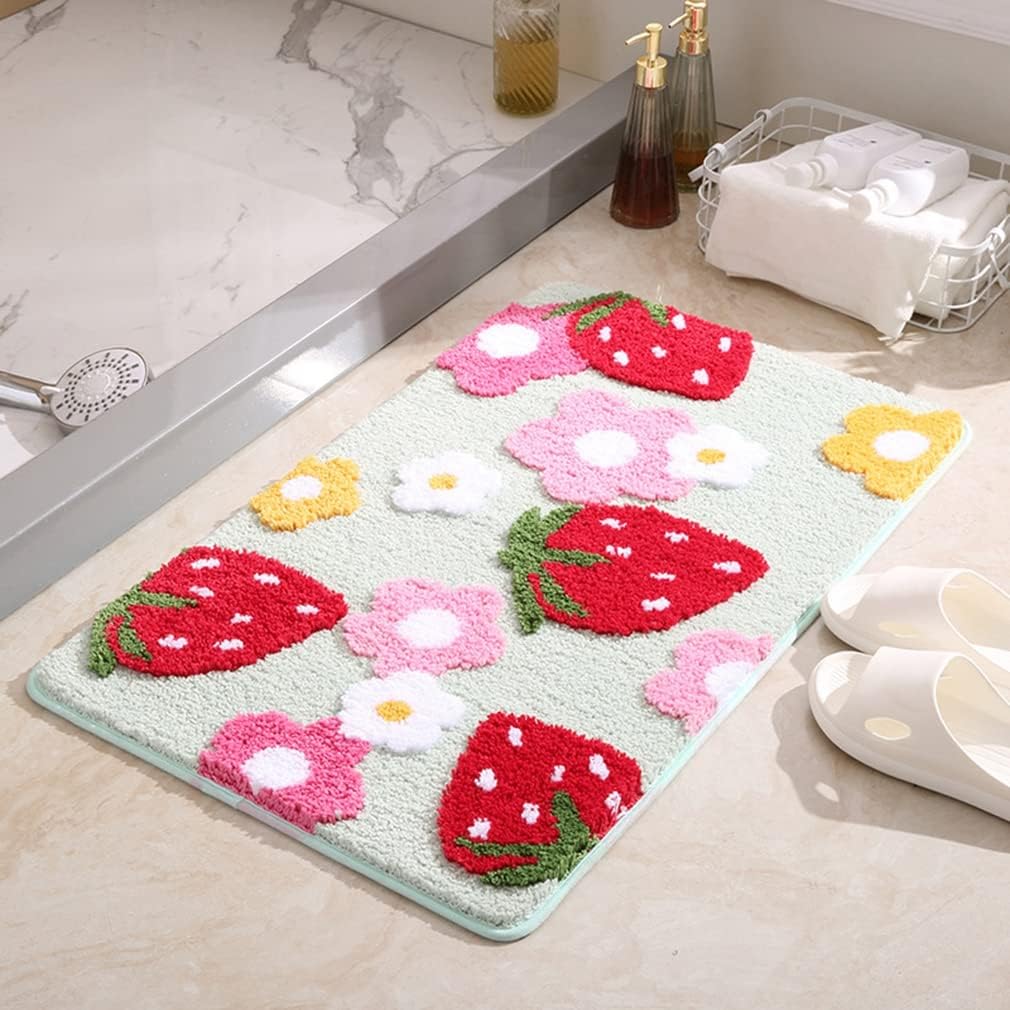Soft Cozy Strawberry Bath Rug Non-Slip Green
