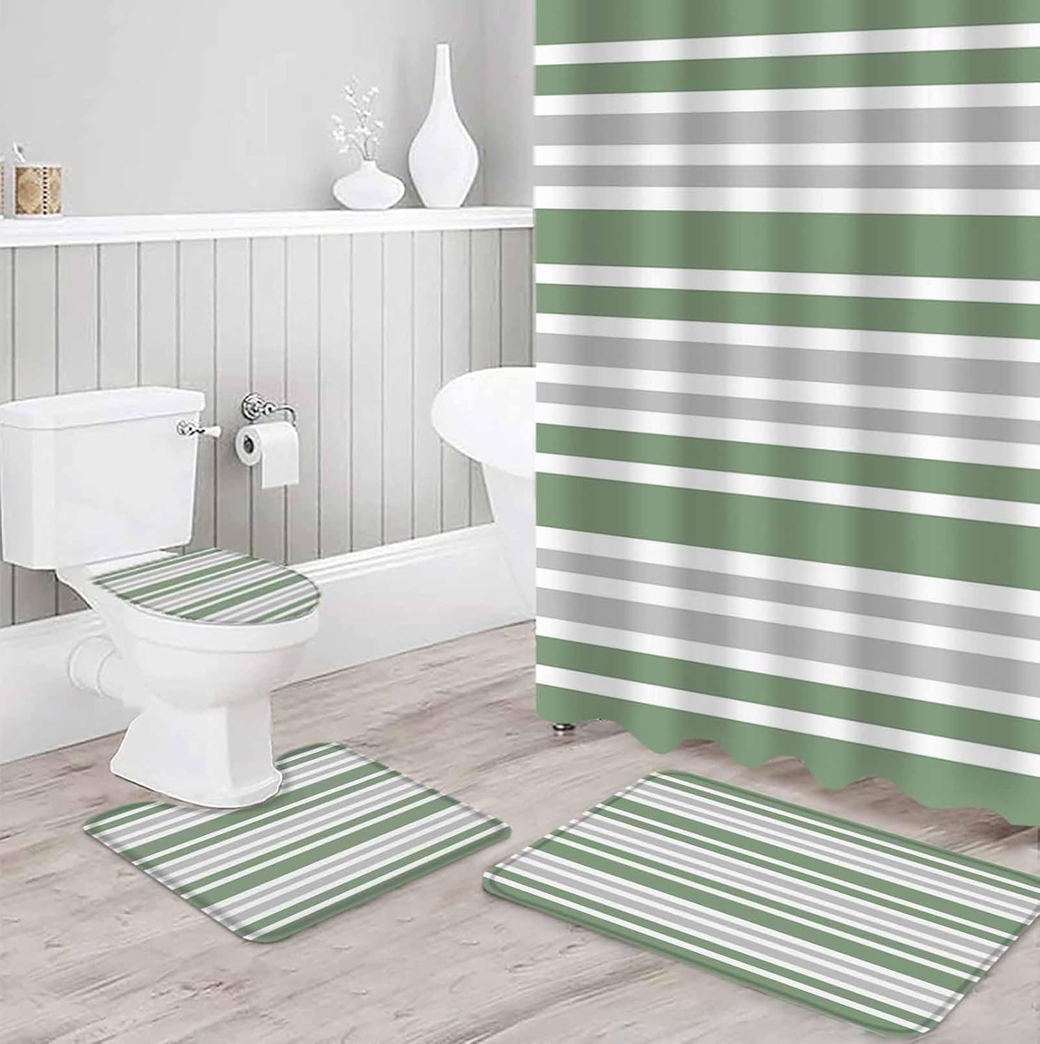 ZOE GARDEN Sage Green Bathroom Set with Curtain Rug and Accessories 1