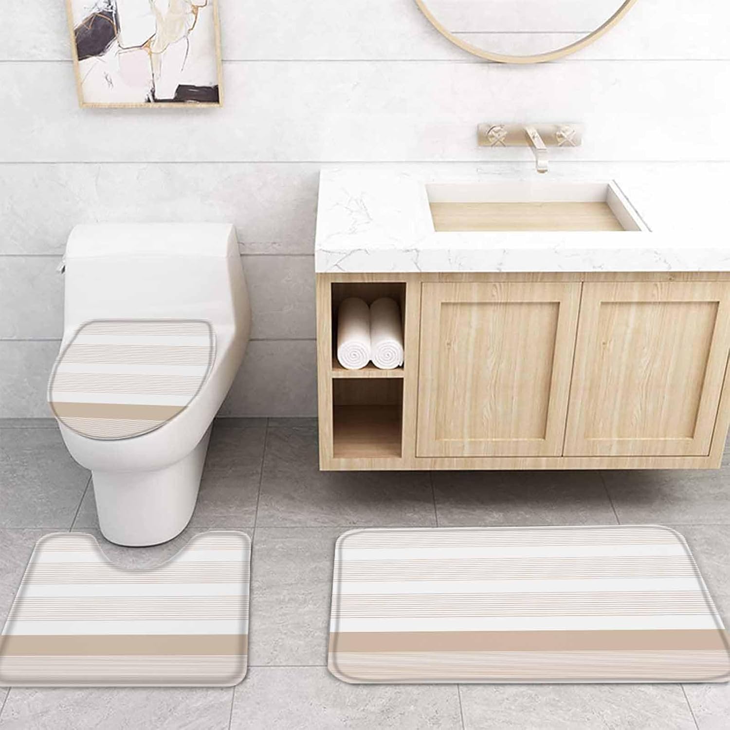 ZOE GARDEN Brown Stripe Bathroom Set with Curtain Rug and Accessories