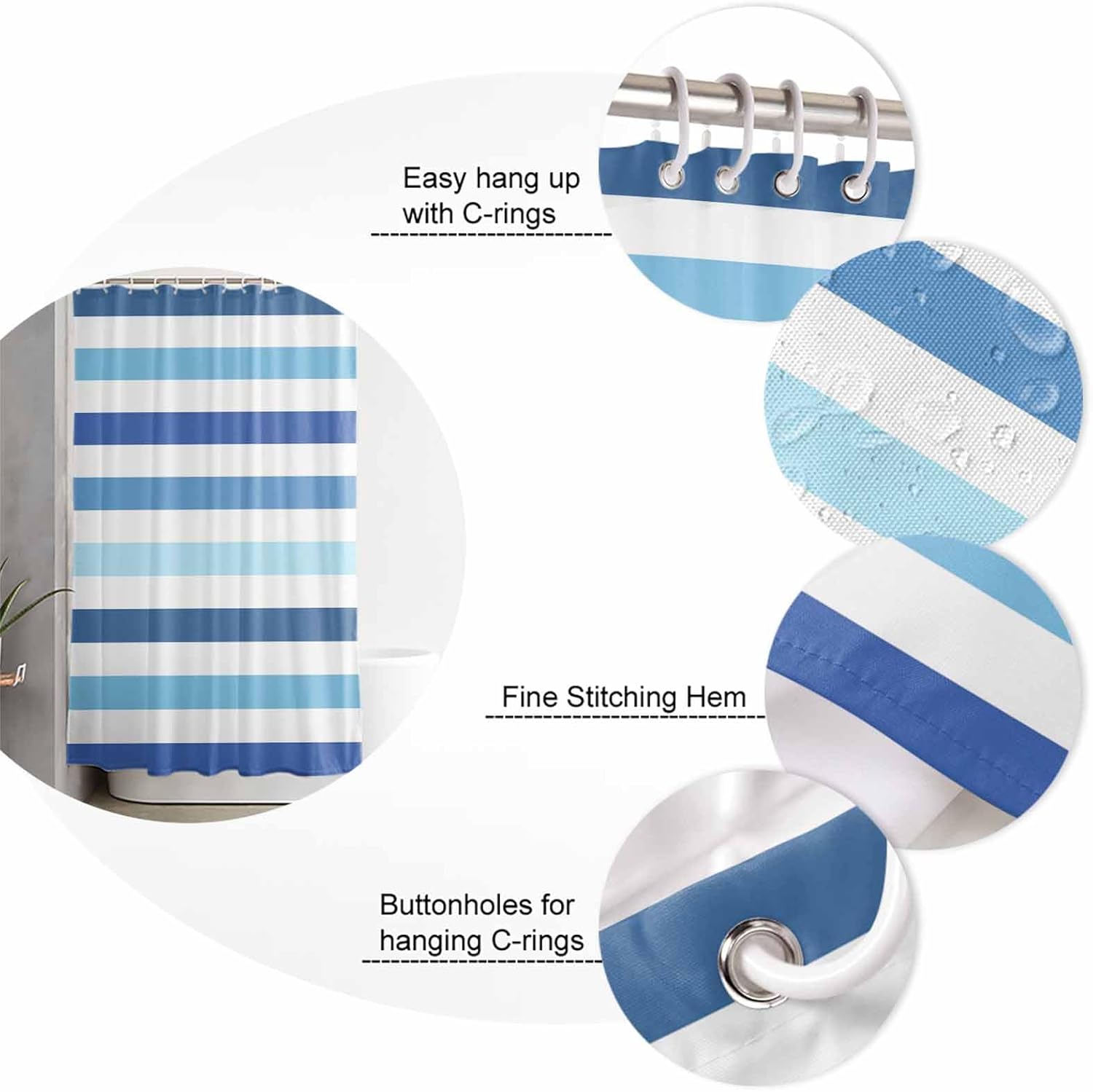 Blue Striped Bathroom Set with Shower Curtain and Rug