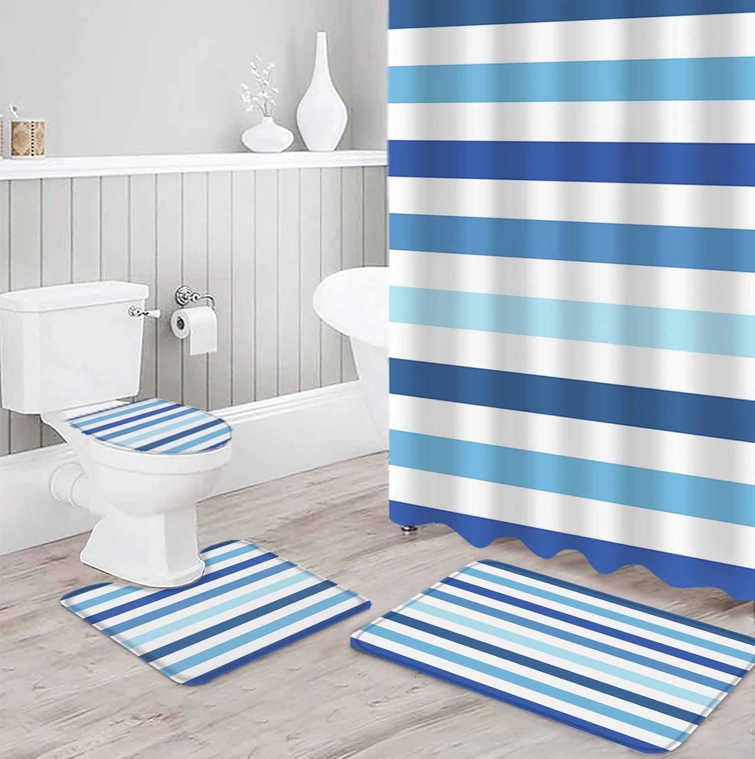 Blue Striped Bathroom Set with Shower Curtain and Rug