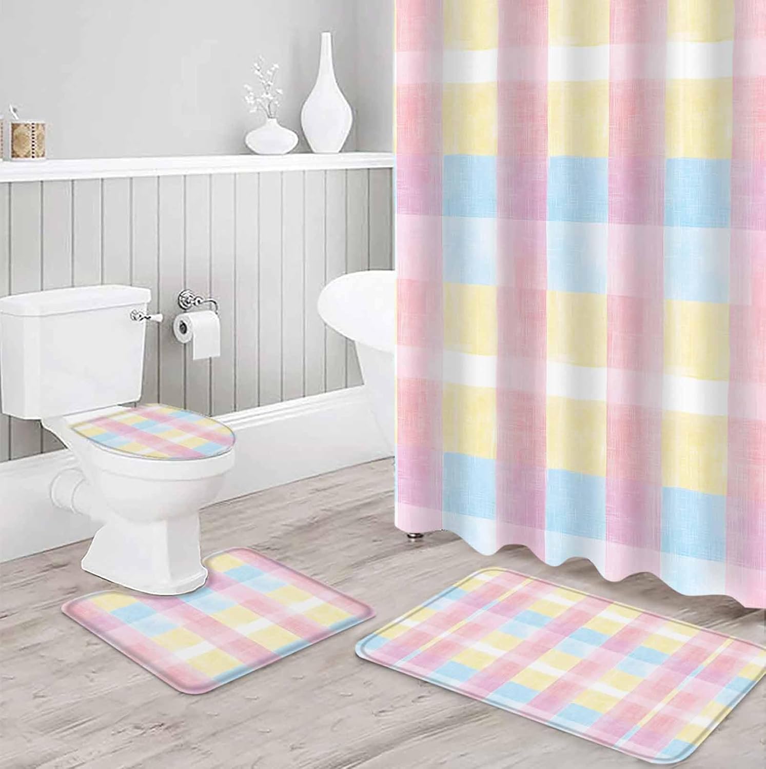 ZOE GARDEN Pink Blue Plaid Bathroom Set